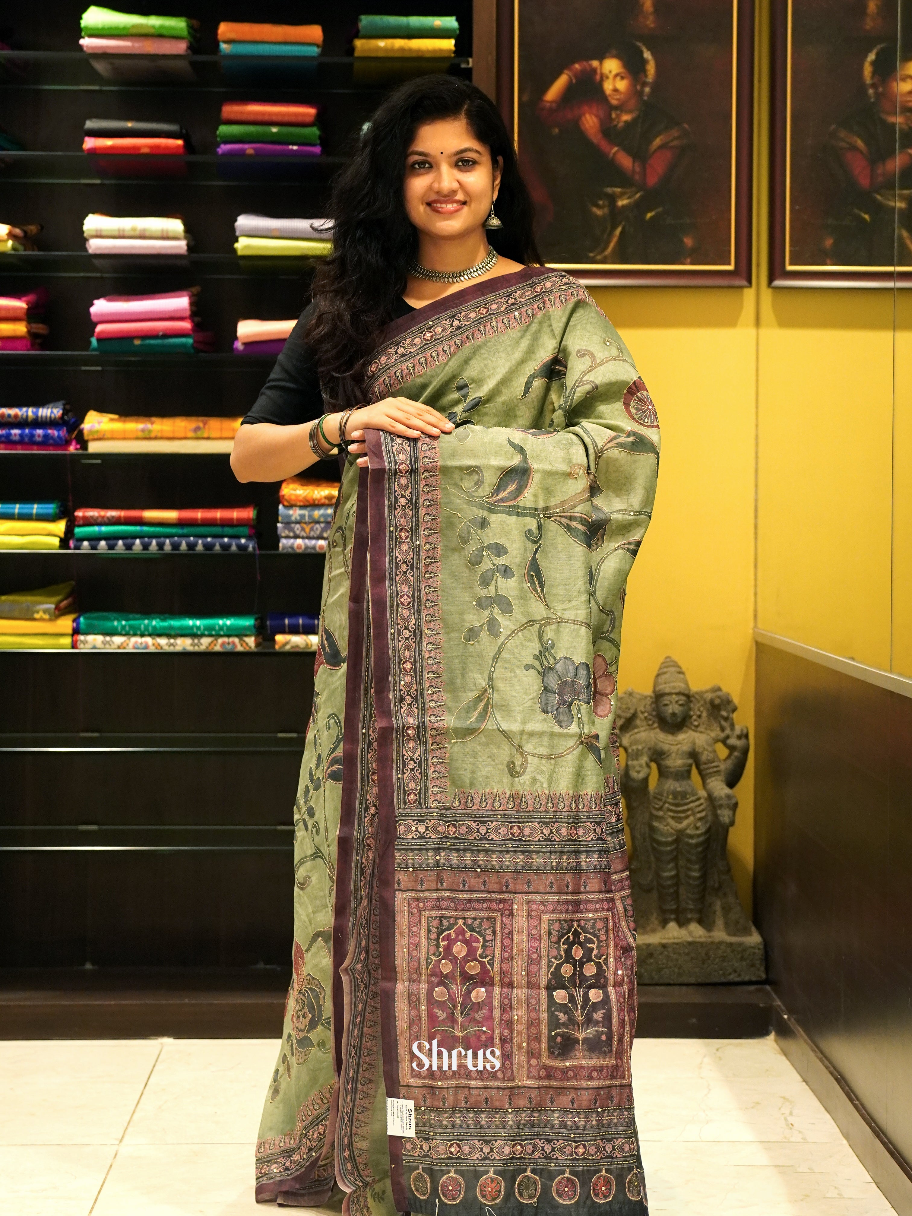 Green & Brown - Semi Kantha Saree - Shop on ShrusEternity.com