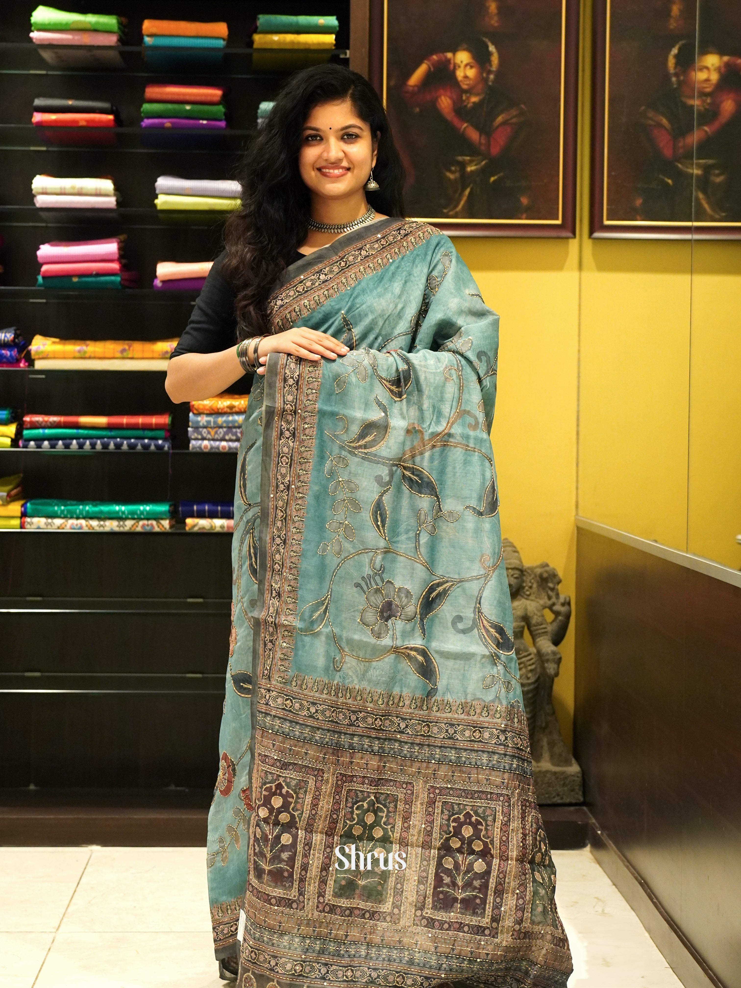 Blue & Grey - Semi Kantha Saree - Shop on ShrusEternity.com