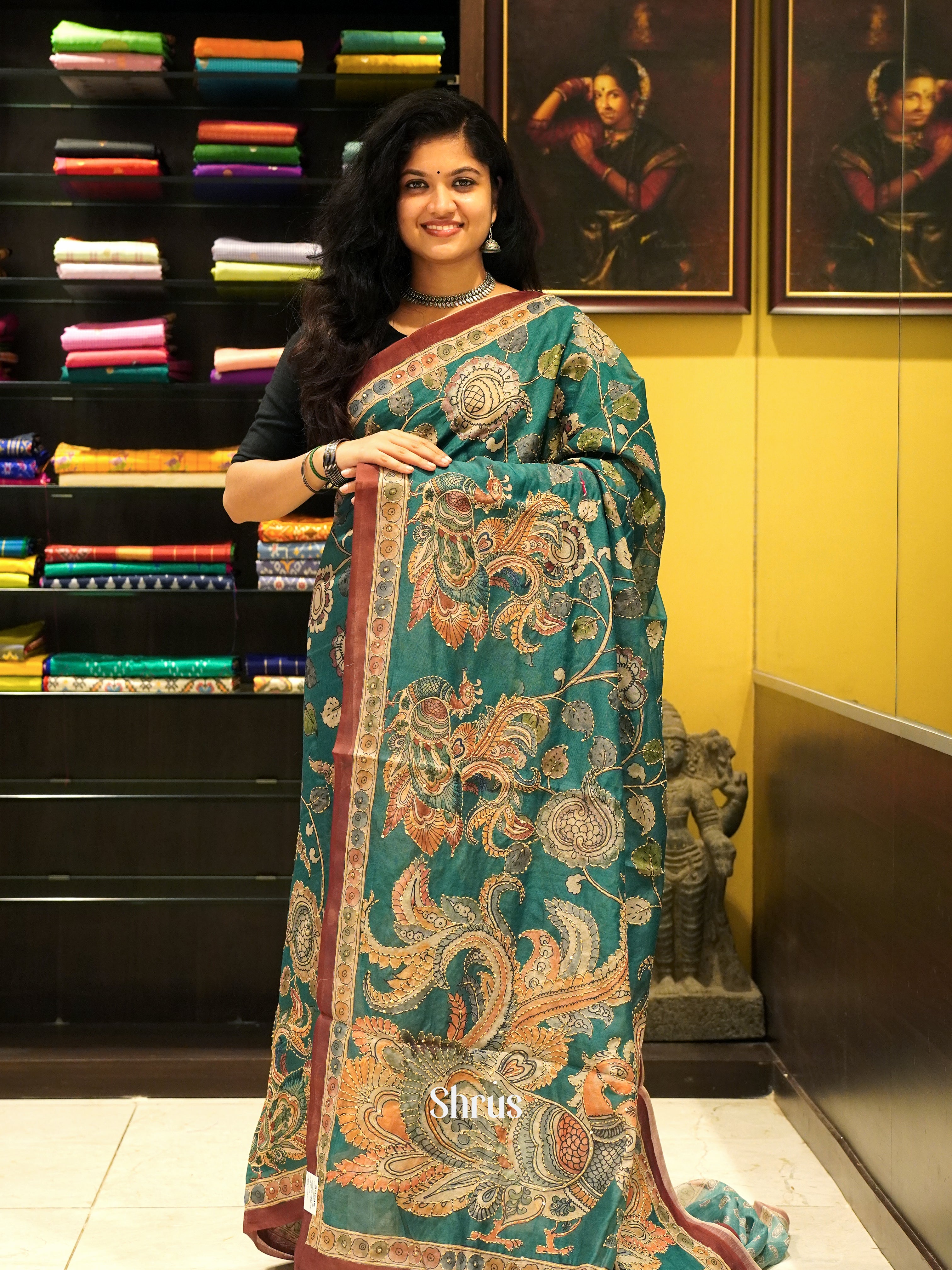 Green & Brown - Semi Kantha Saree - Shop on ShrusEternity.com