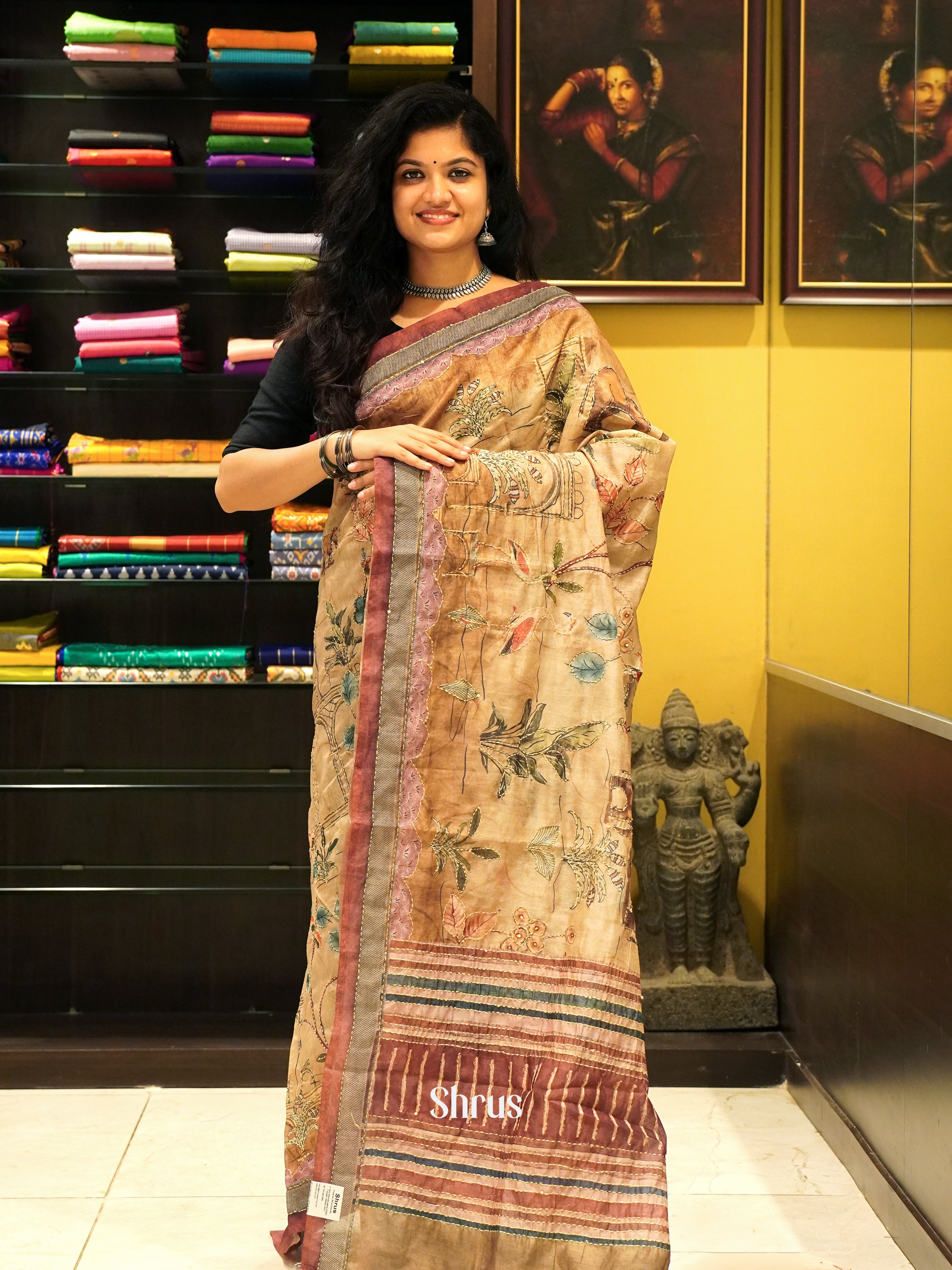 Orange & Brown- Semi Kantha Saree - Shop on ShrusEternity.com
