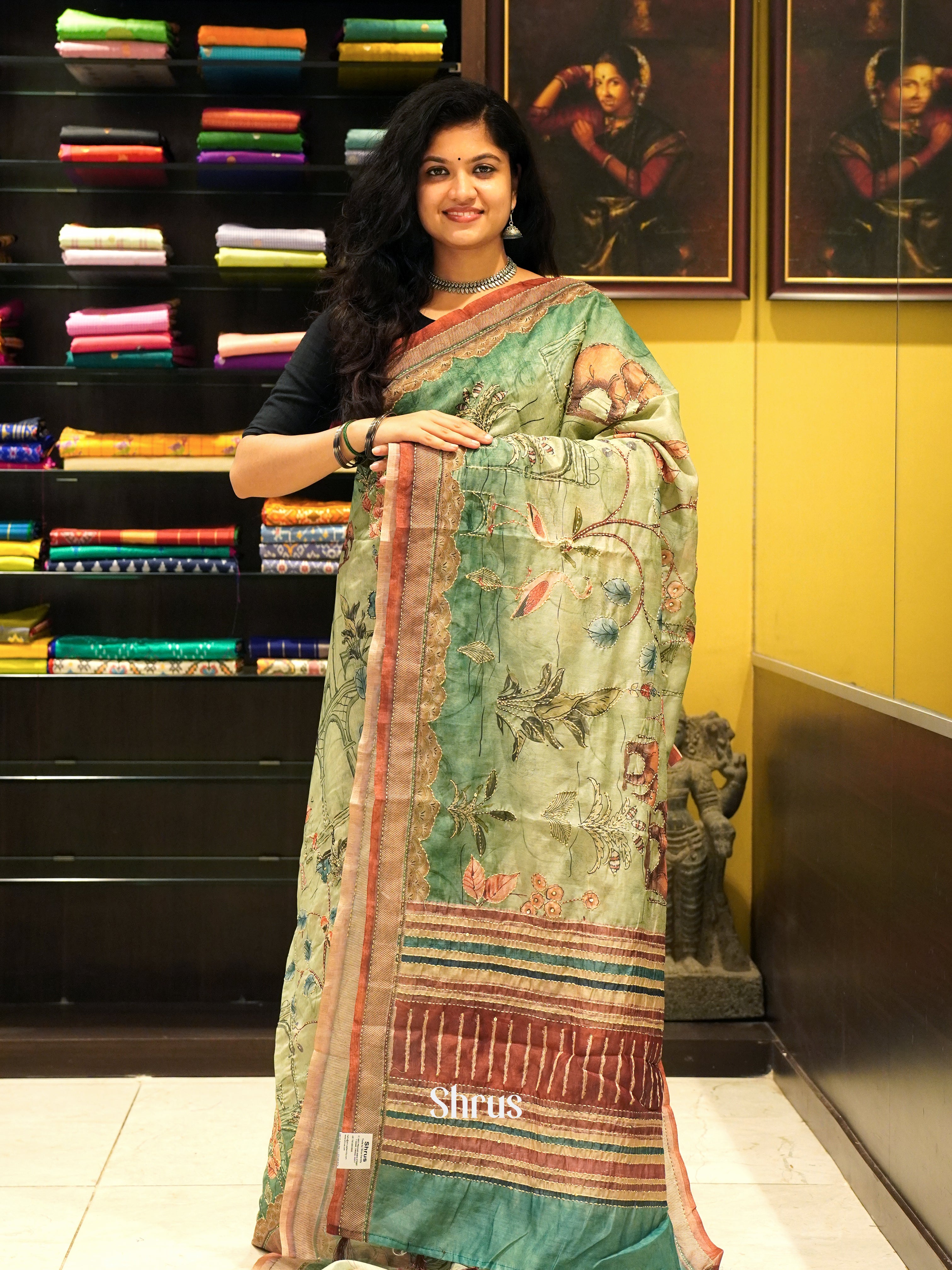 Green & Brown - Semi Kantha Saree - Shop on ShrusEternity.com