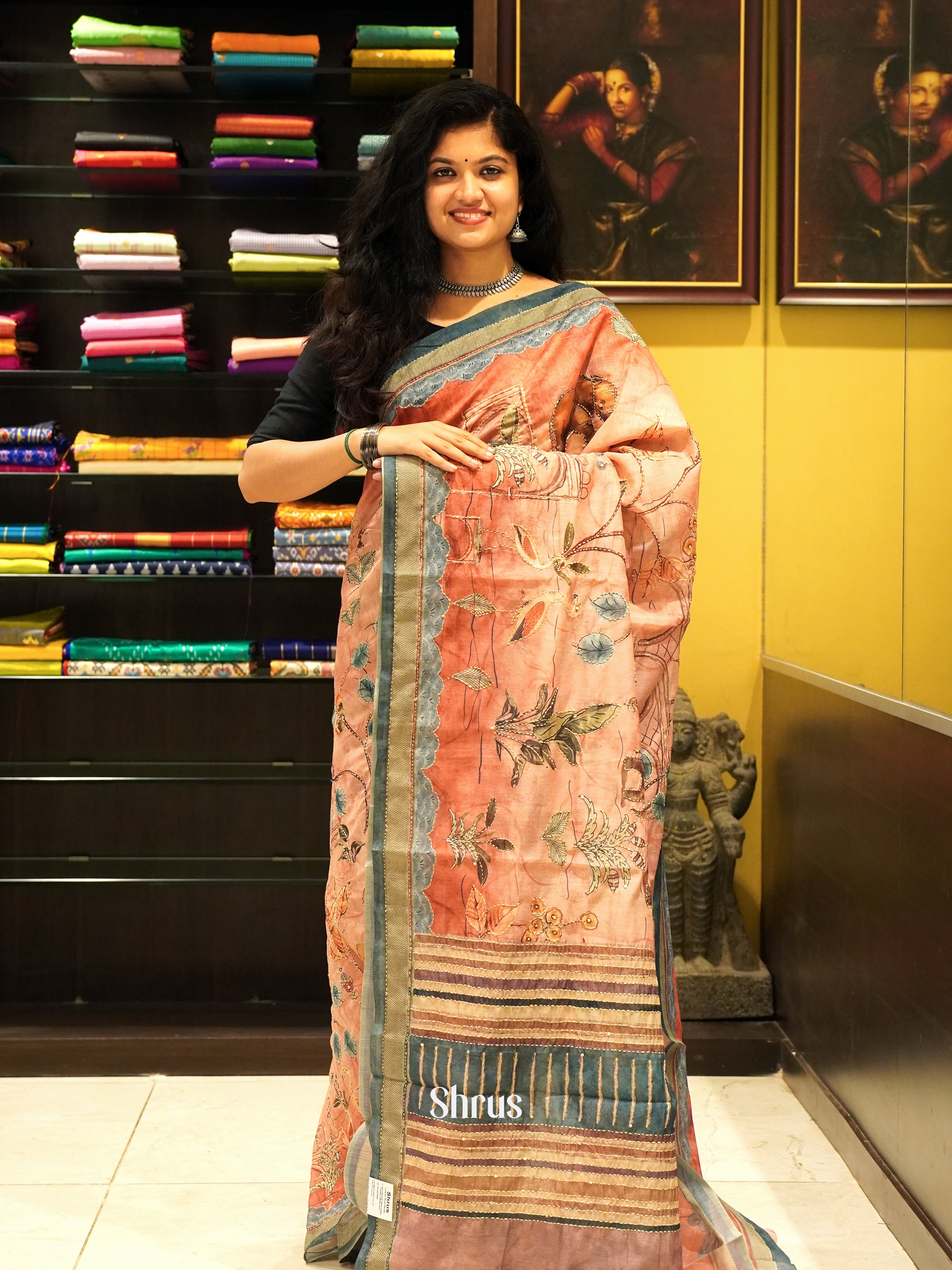 Orangish Pink & Grey - Semi Kantha Saree - Shop on ShrusEternity.com
