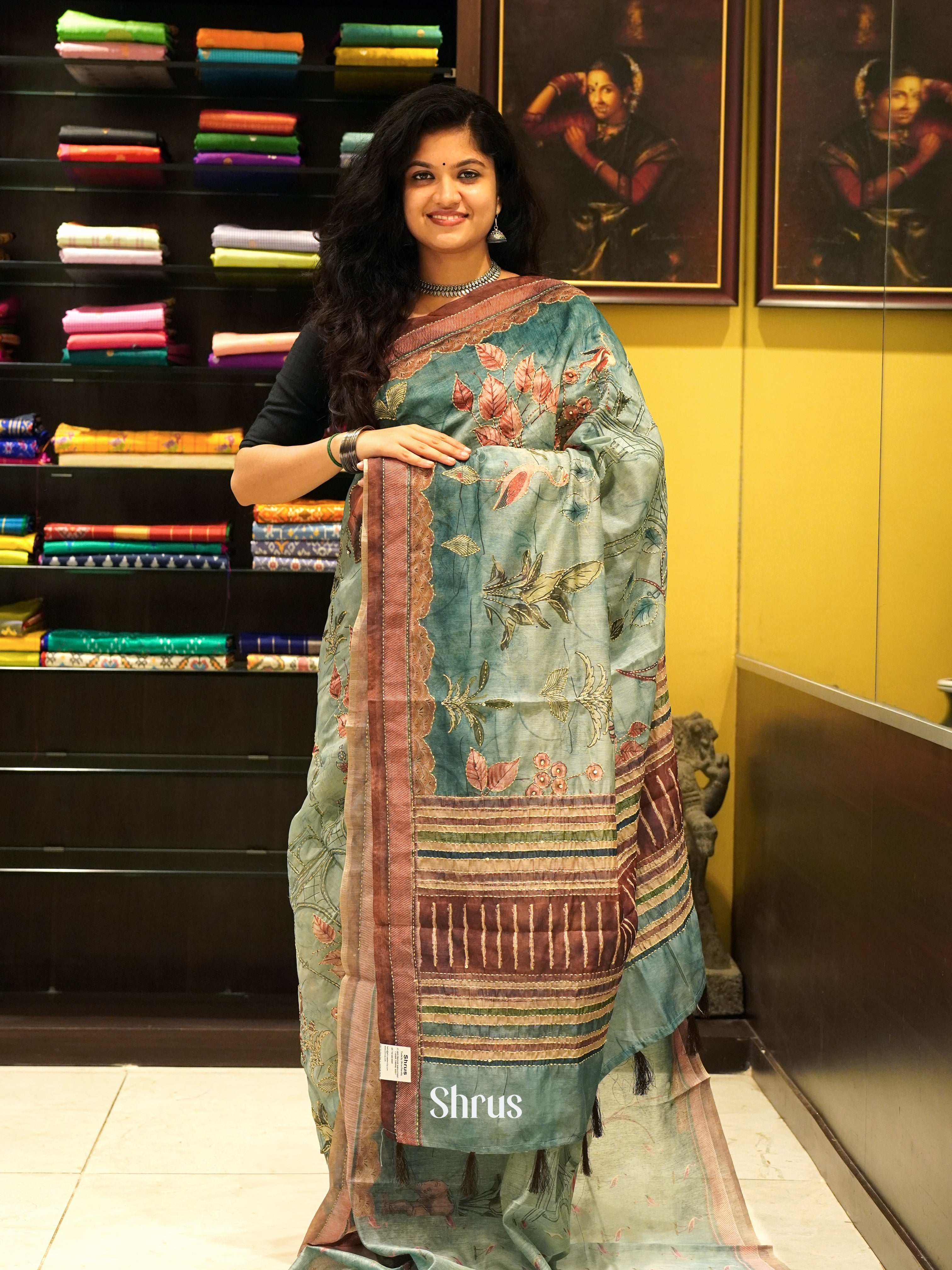 Blue & Brown - Semi Kantha Saree - Shop on ShrusEternity.com