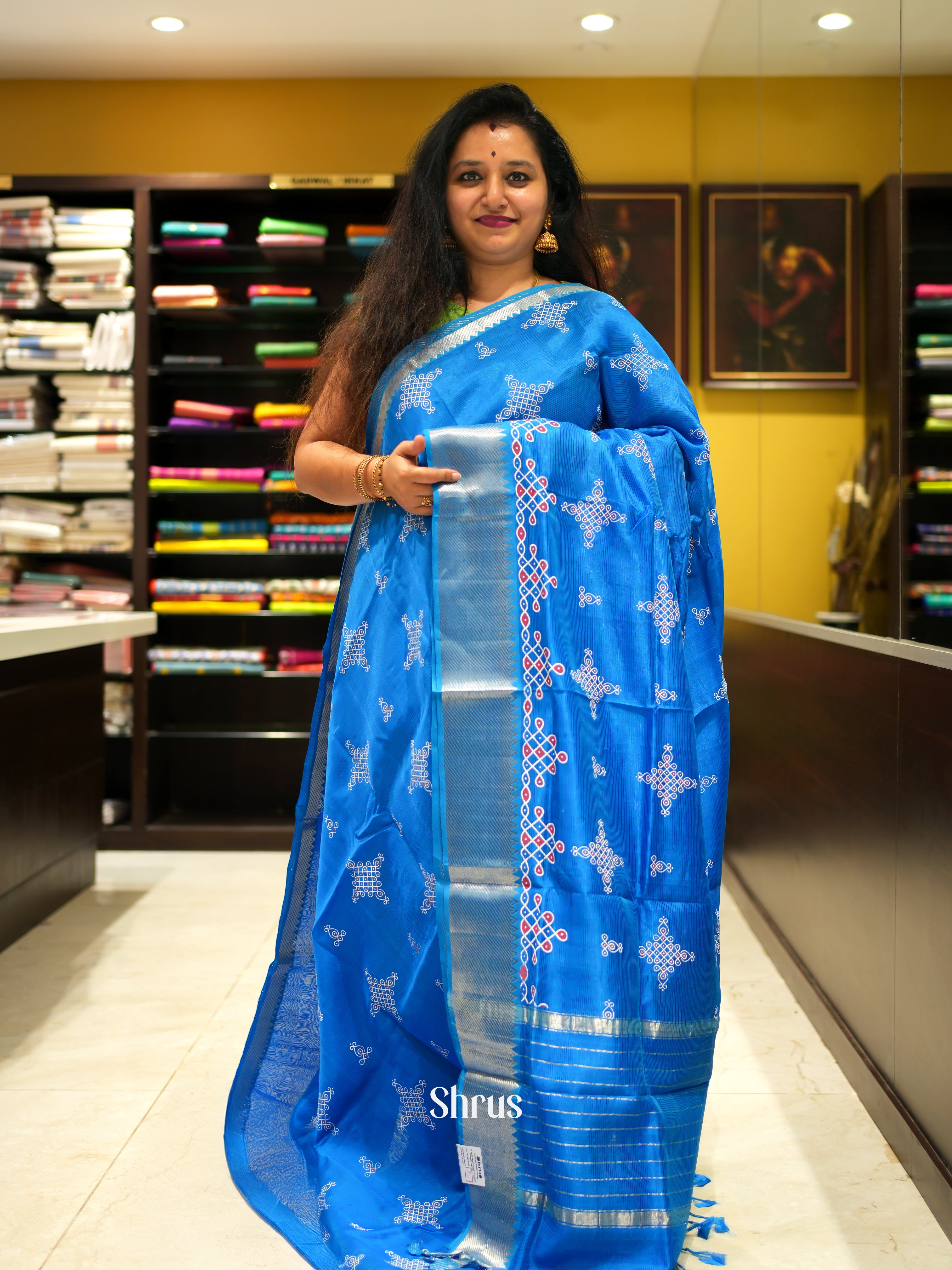 Blue(Single Tone)- Mangalagiri silkcotton Saree - Shop on ShrusEternity.com
