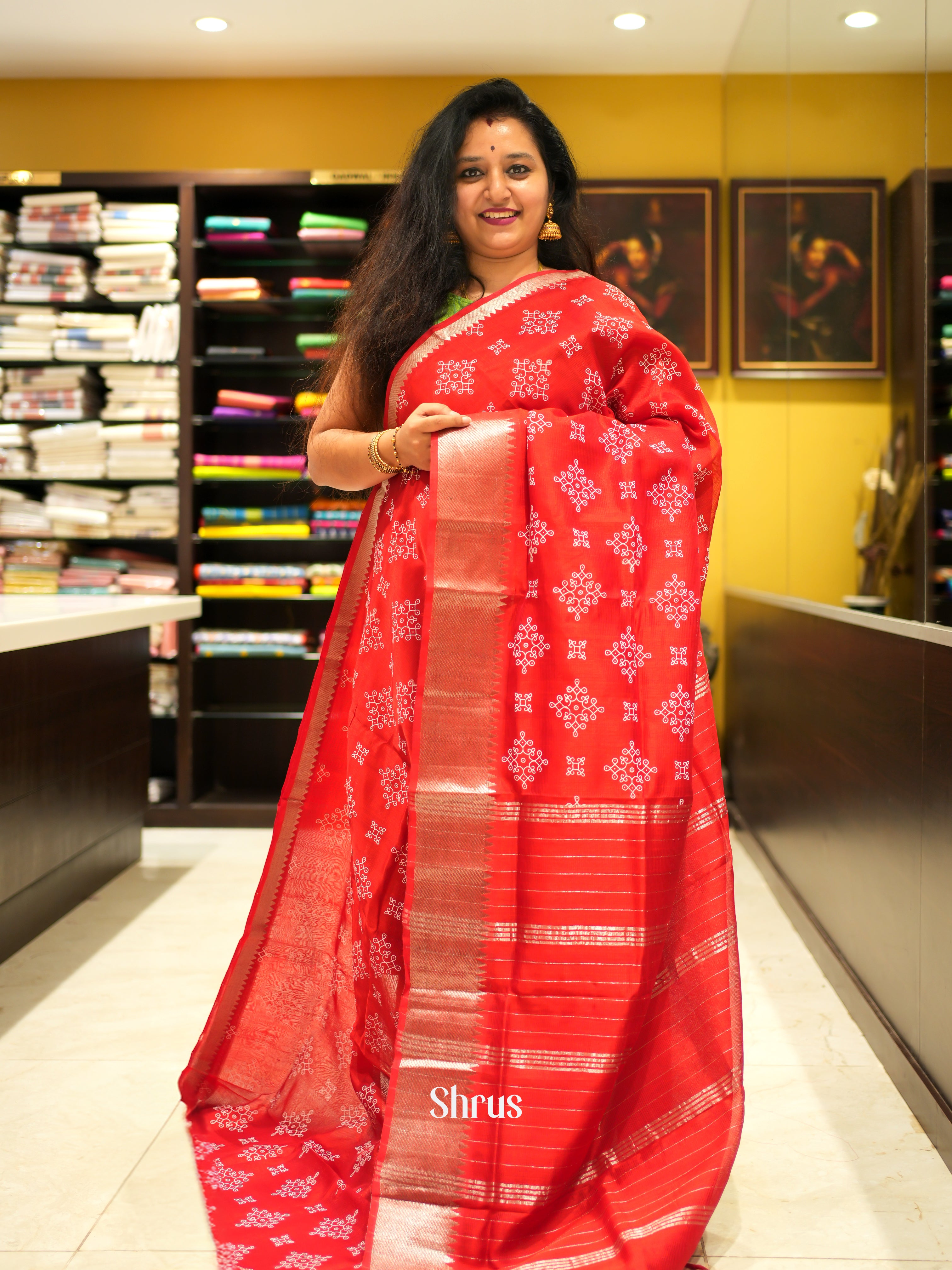 Red(Single Tone) - Mangalagiri silkcotton Saree - Shop on ShrusEternity.com