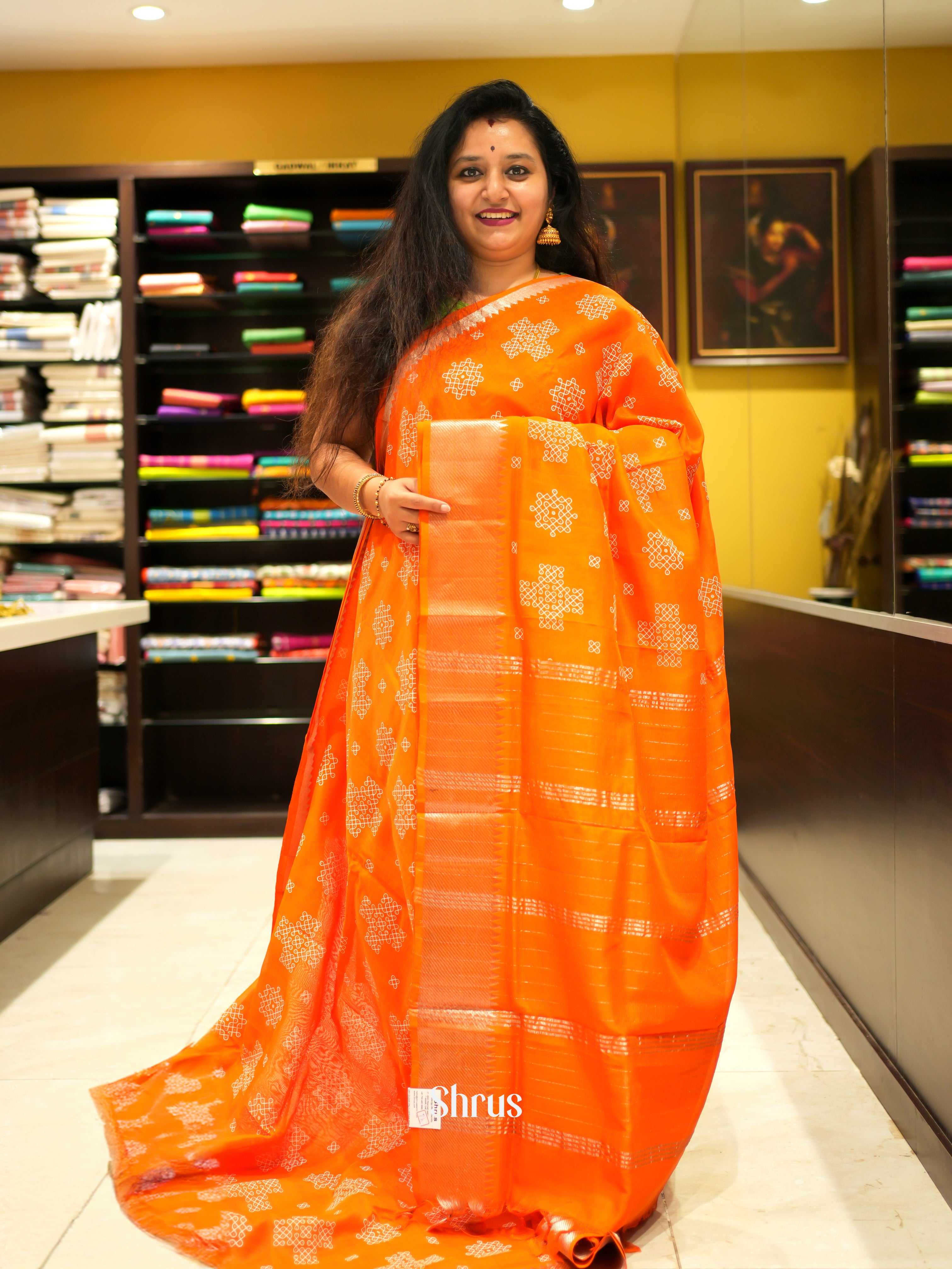 Orange(Single Tone) - Mangalagiri silkcotton Saree - Shop on ShrusEternity.com