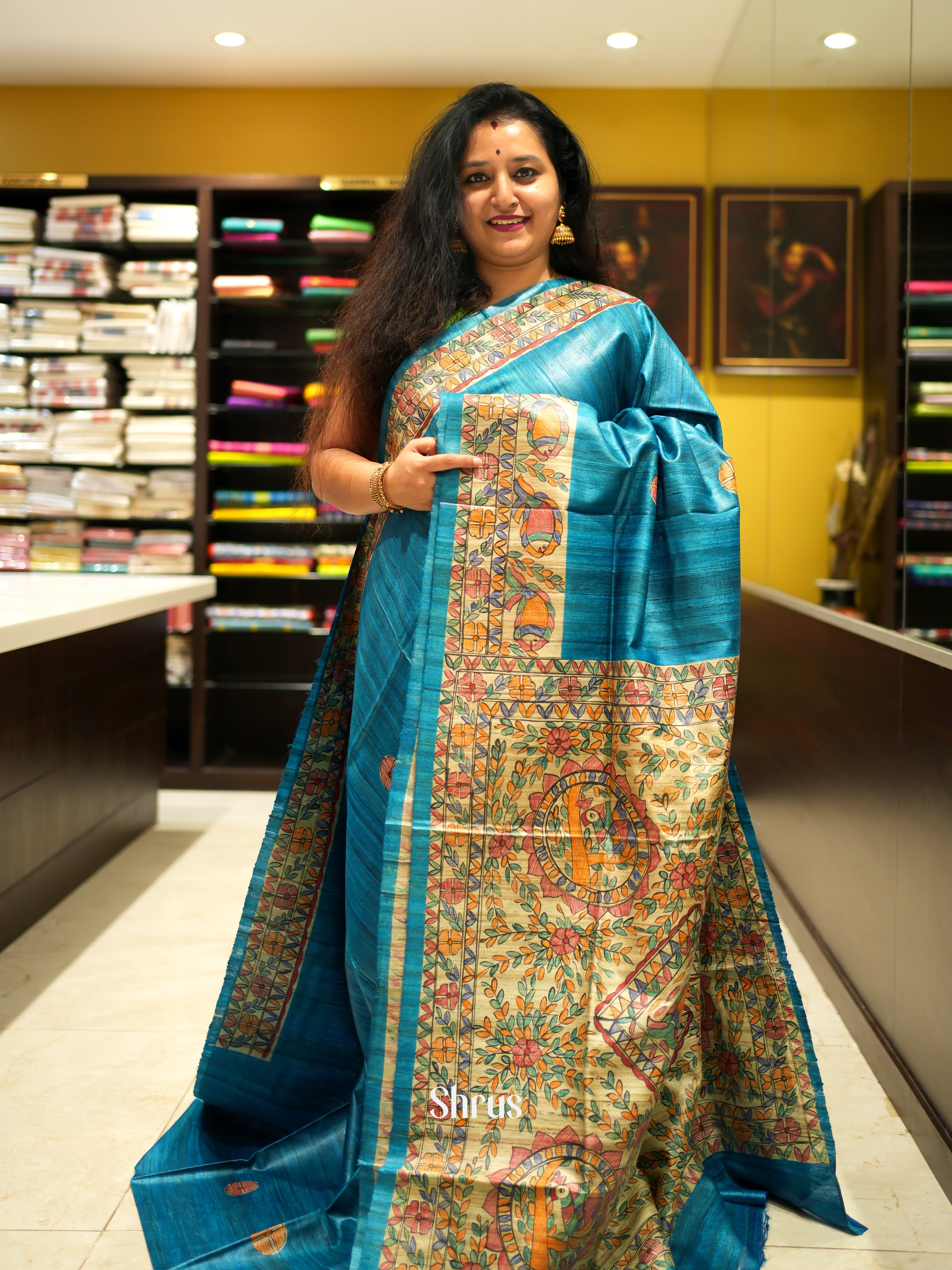 Blue & Cream - Tussar Saree - Shop on ShrusEternity.com