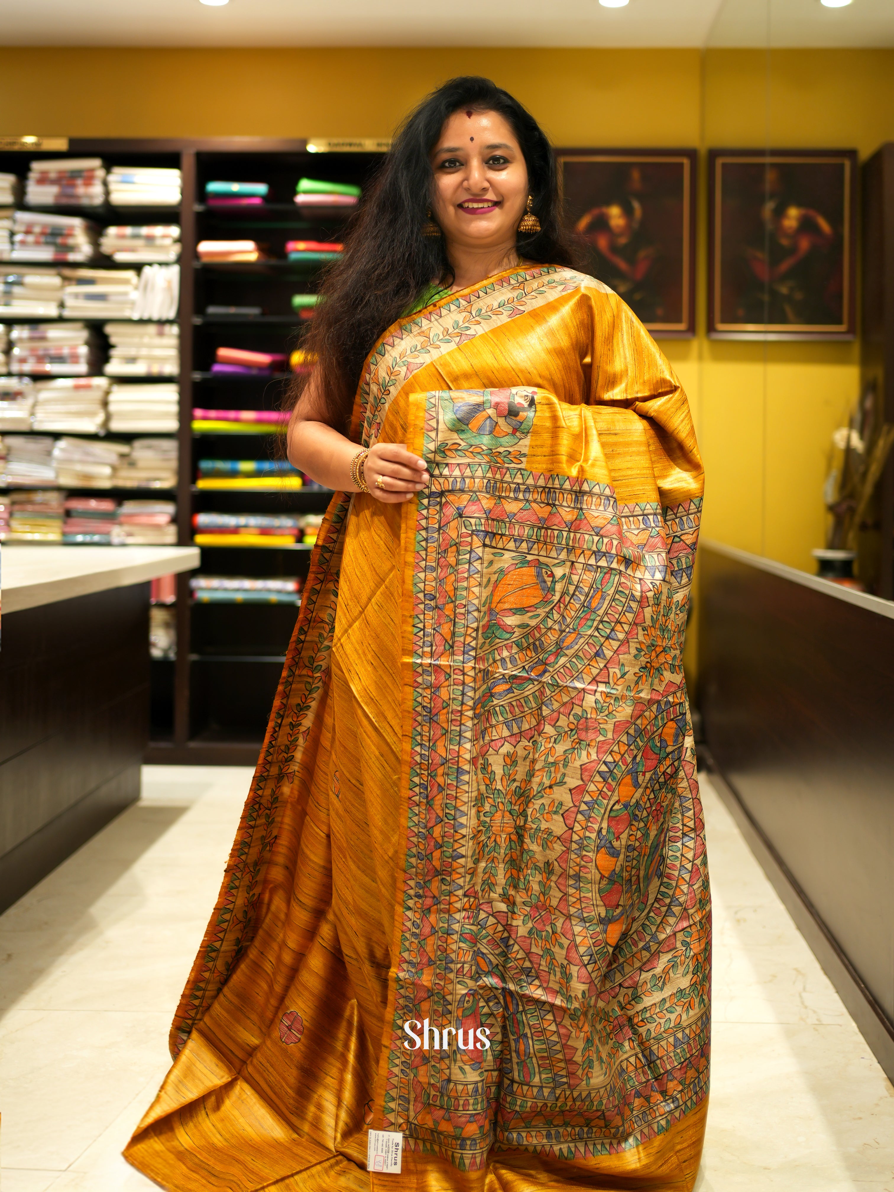 Mustard & Cream - Tussar Saree - Shop on ShrusEternity.com