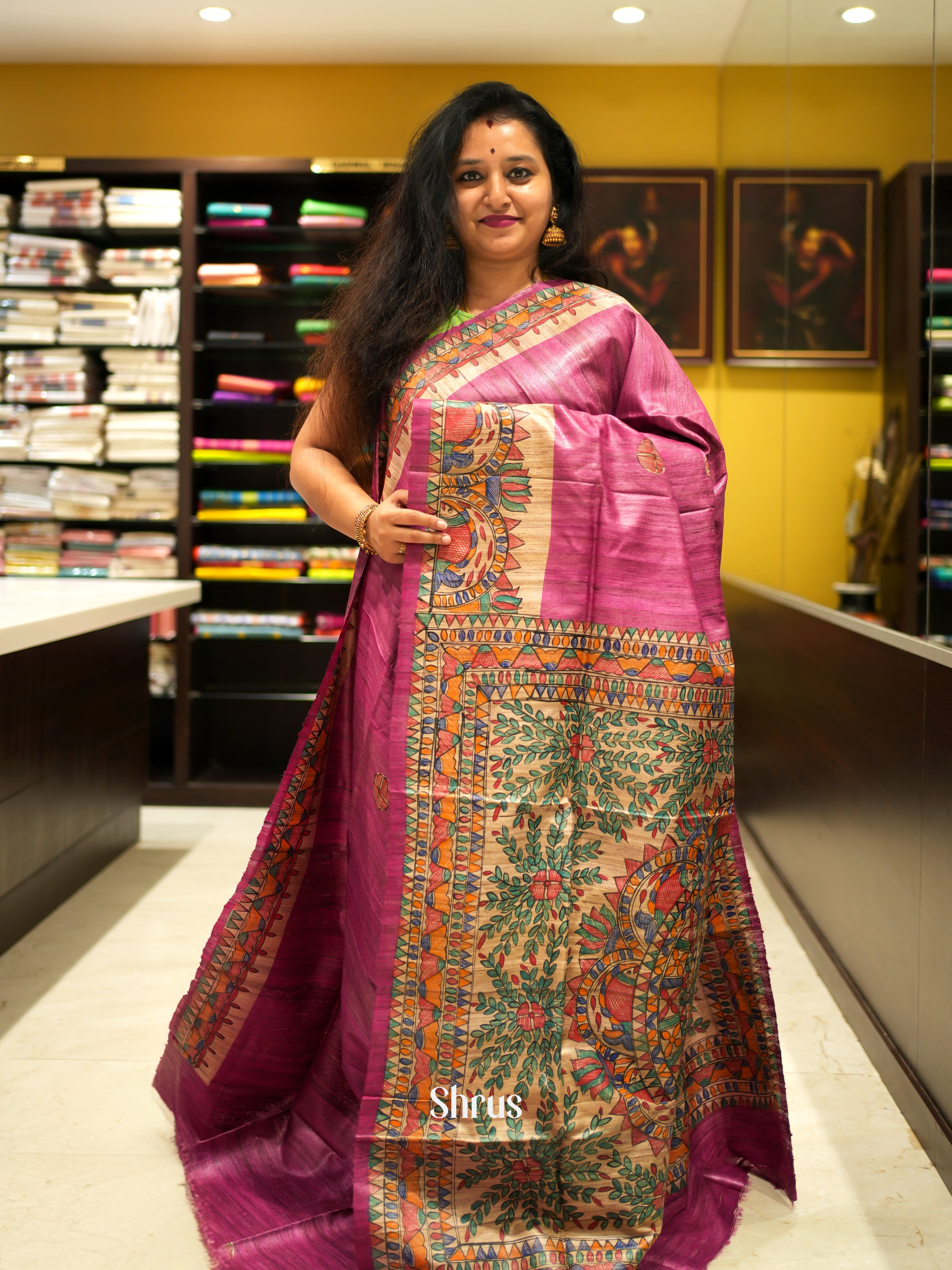 Pink & Cream - Tussar Saree - Shop on ShrusEternity.com