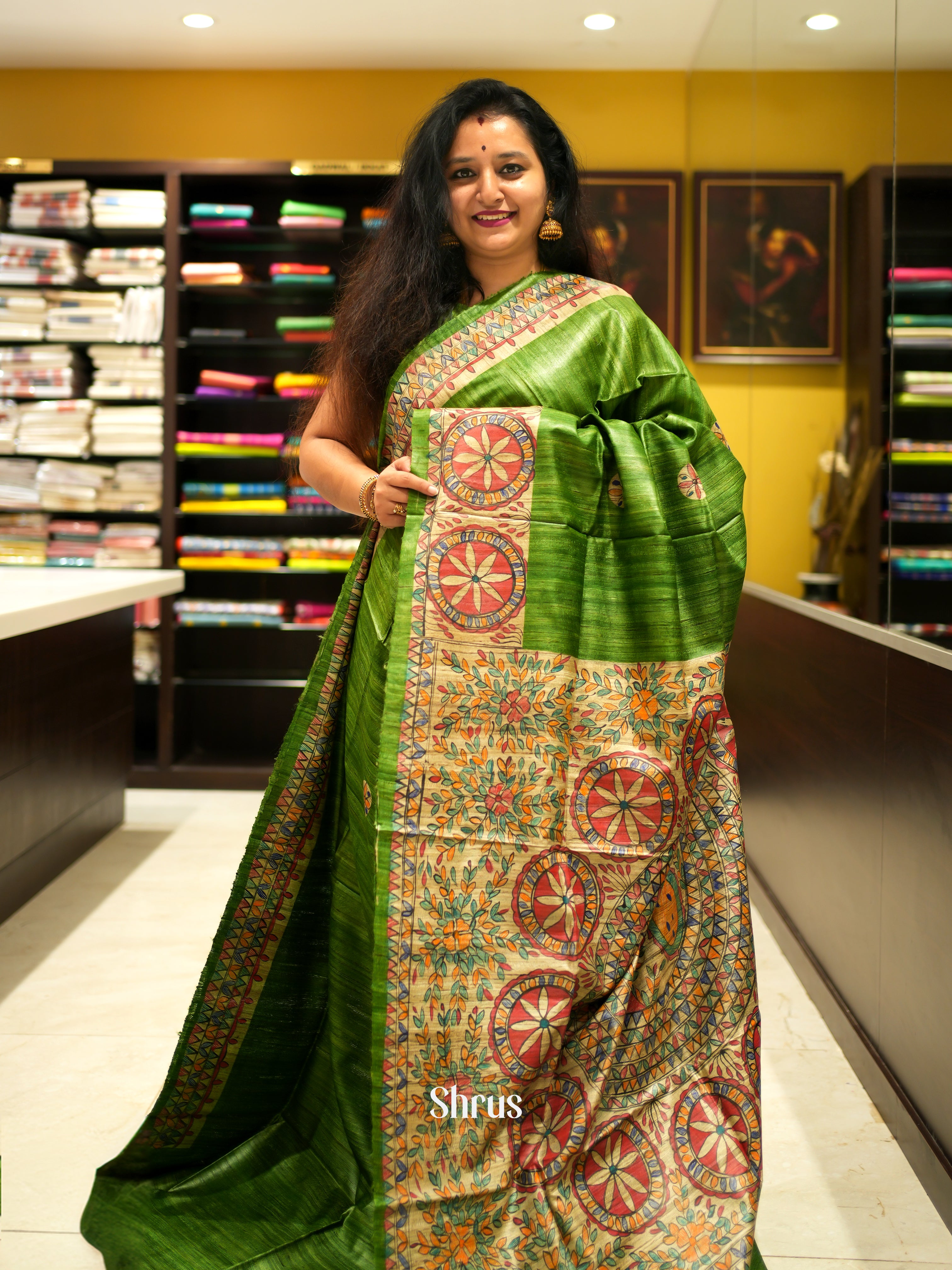 Green & Cream - Tussar Saree - Shop on ShrusEternity.com