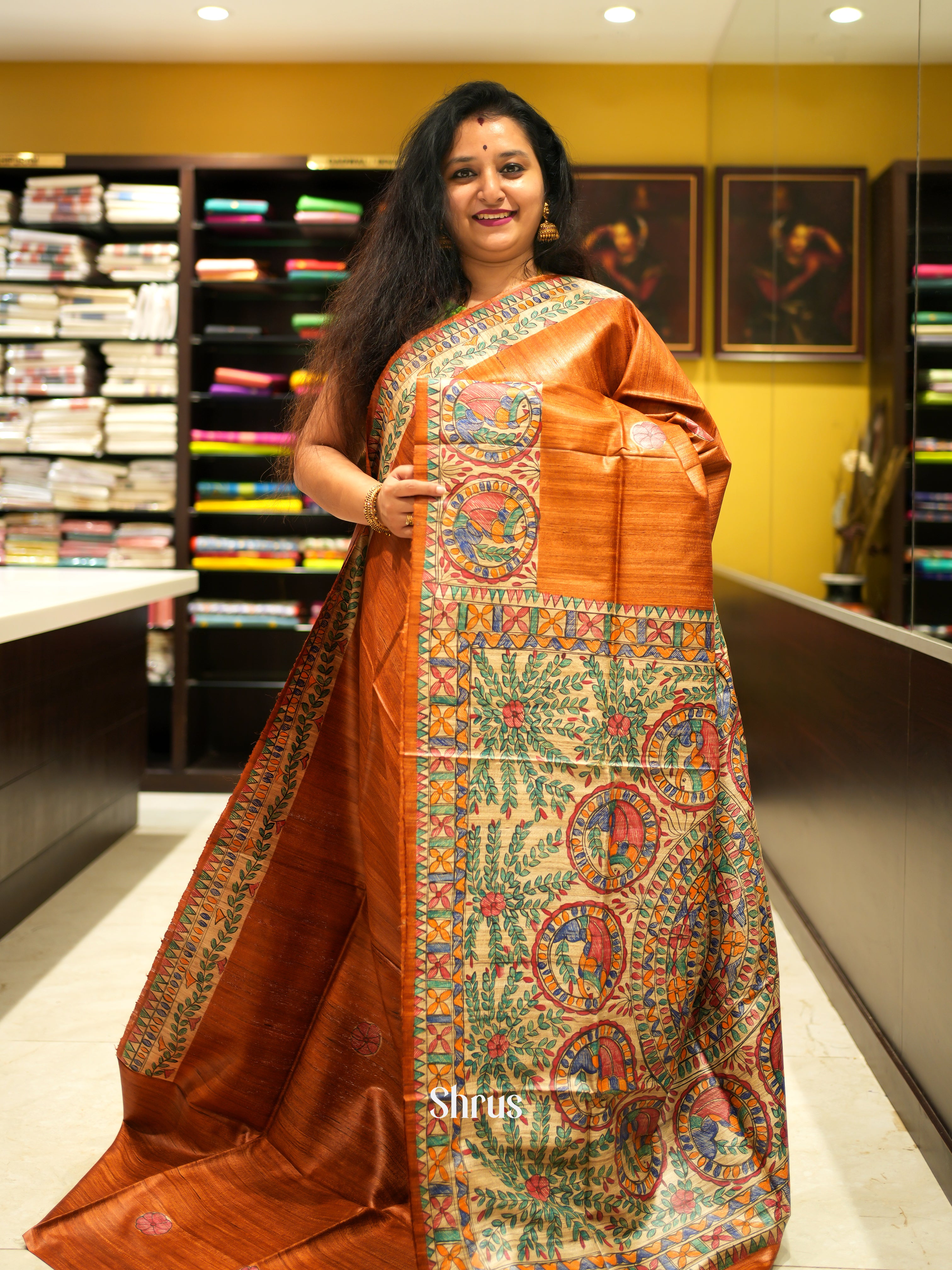 Orange & Cream - Tussar Saree - Shop on ShrusEternity.com