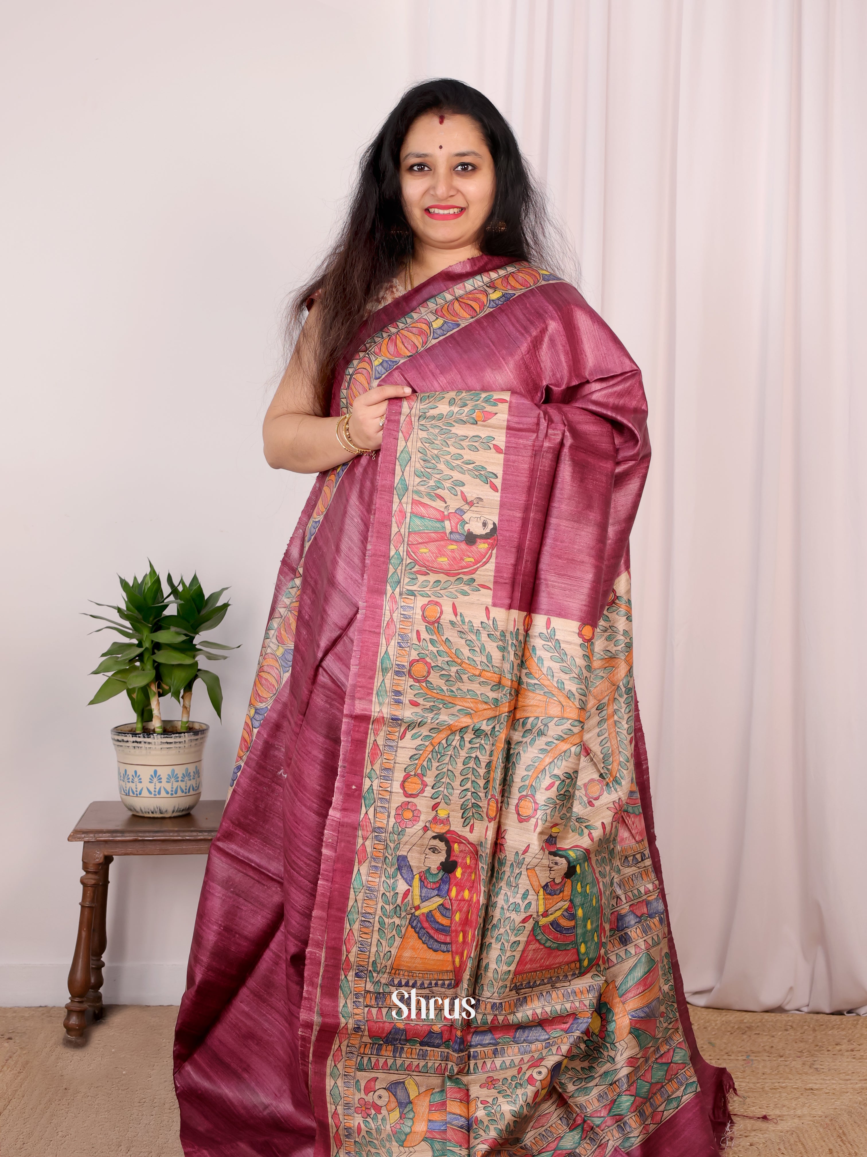 Pink - Tussar Silk Saree - Shop on ShrusEternity.com