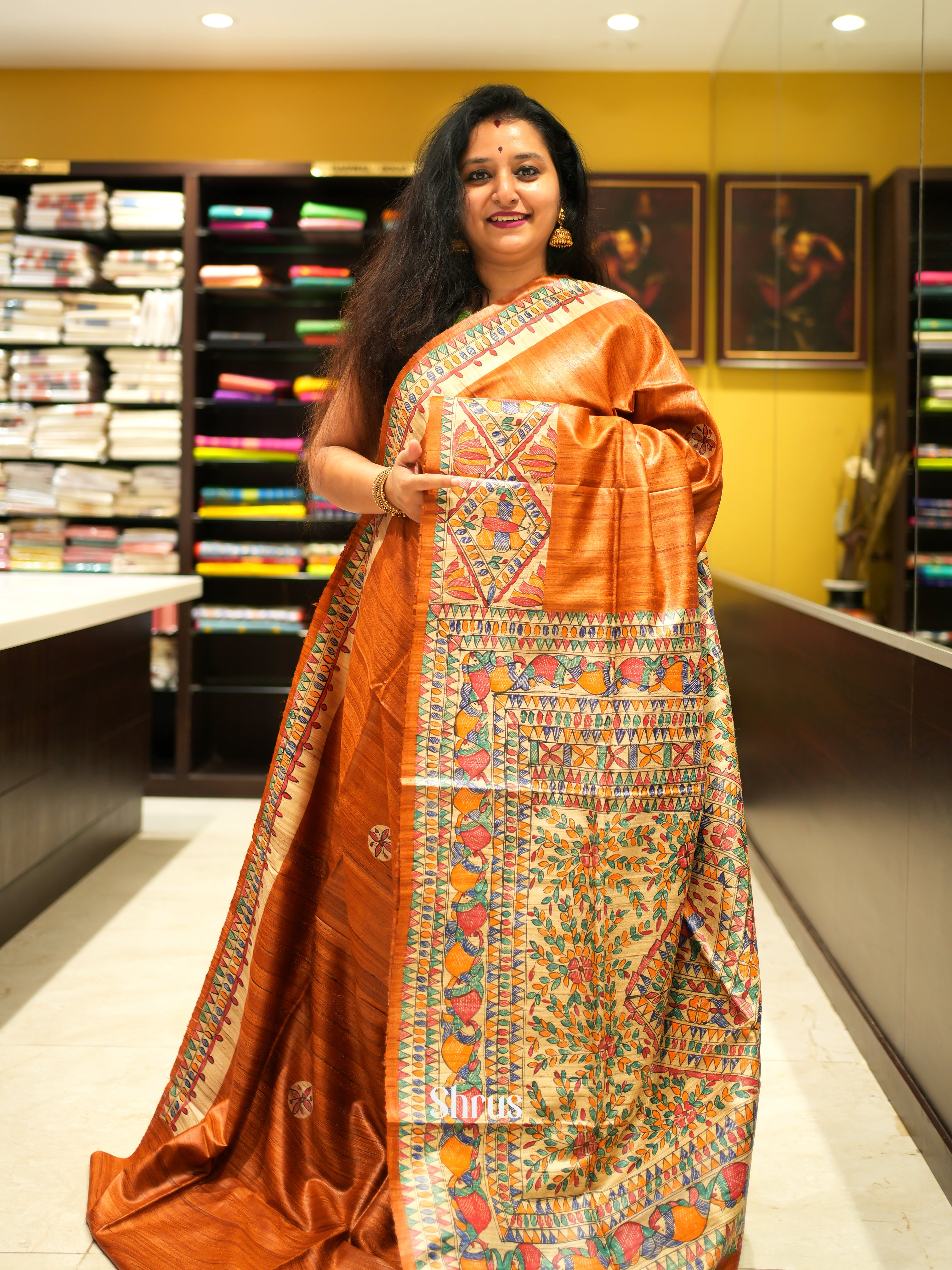 Orange & Cream - Tussar Saree - Shop on ShrusEternity.com