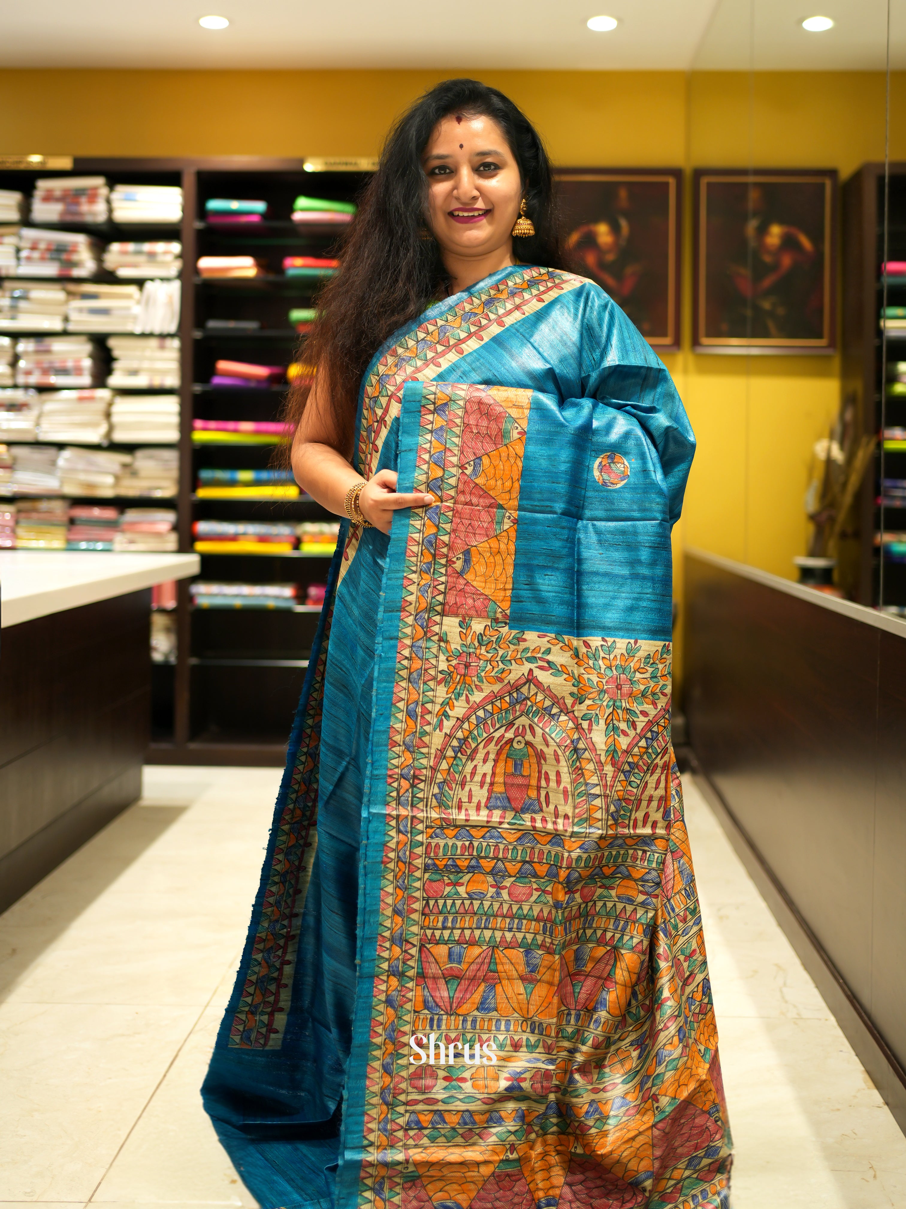 Blue & Cream - Tussar Saree - Shop on ShrusEternity.com