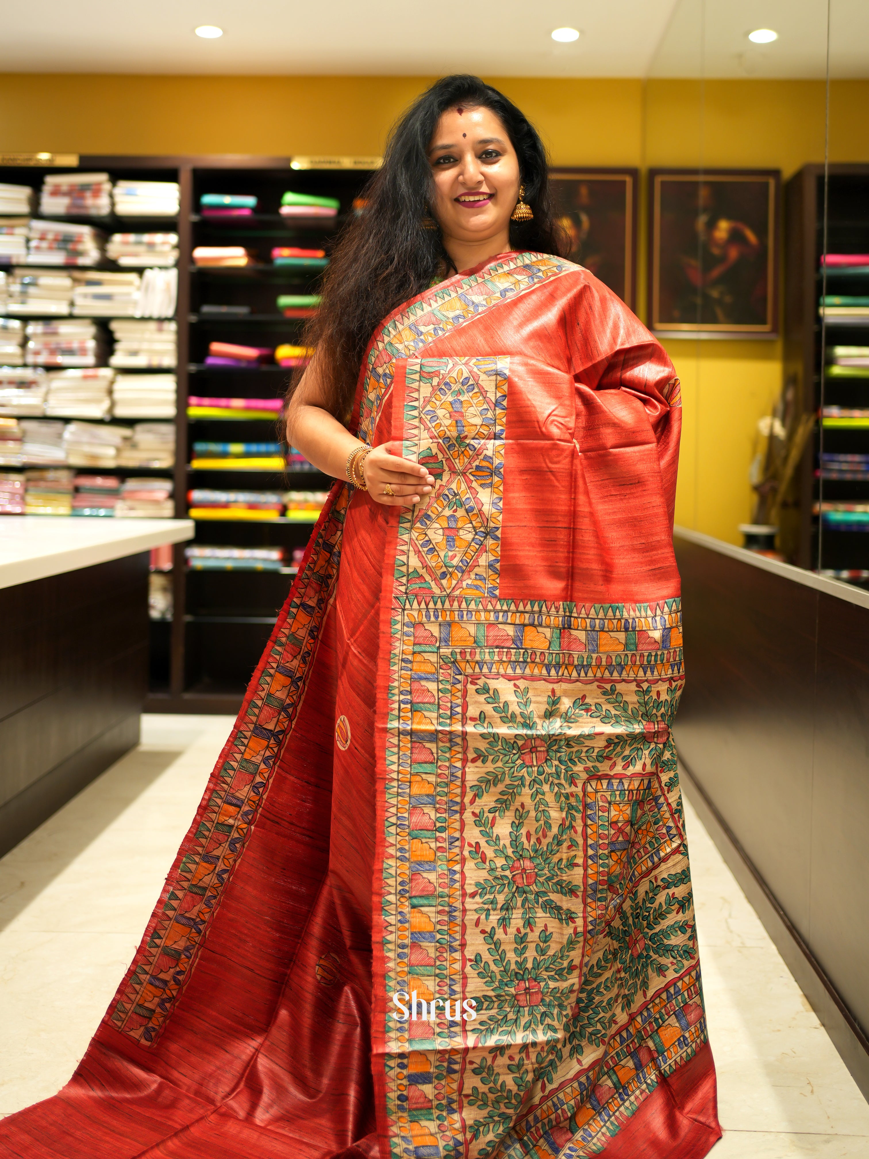 Red & Cream - Tussar Saree - Shop on ShrusEternity.com