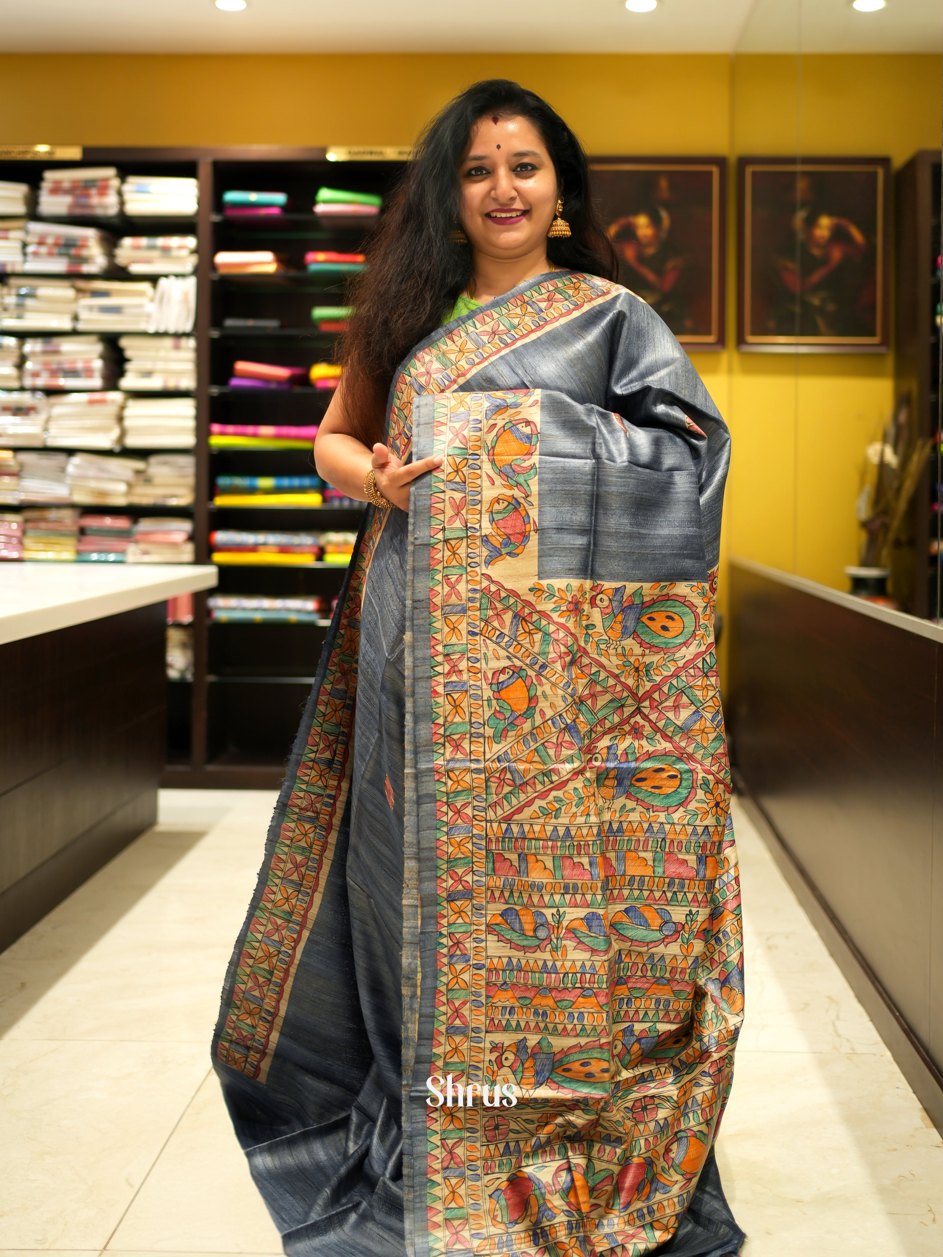 Grey & Cream - Tussar Saree - Shop on ShrusEternity.com