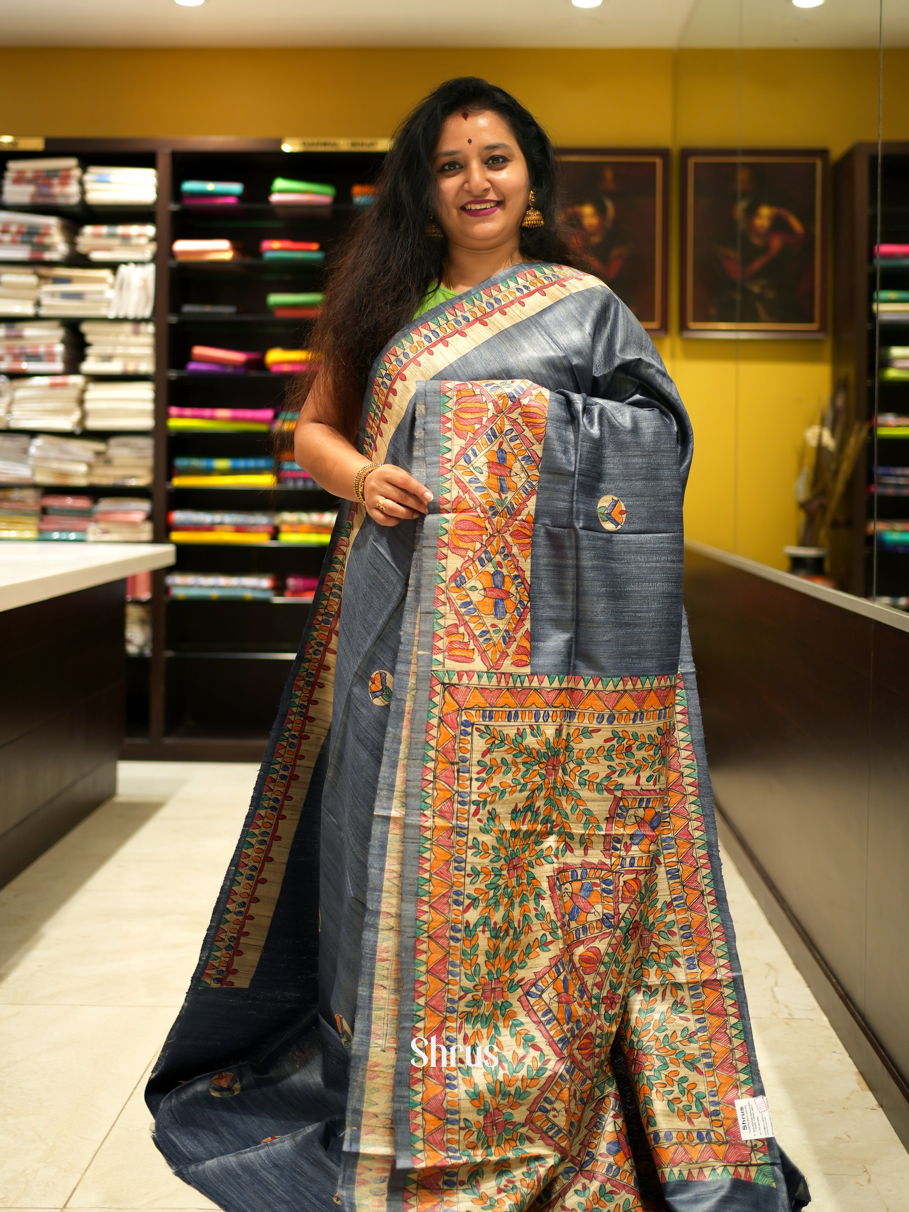Grey & Cream - Tussar Saree - Shop on ShrusEternity.com