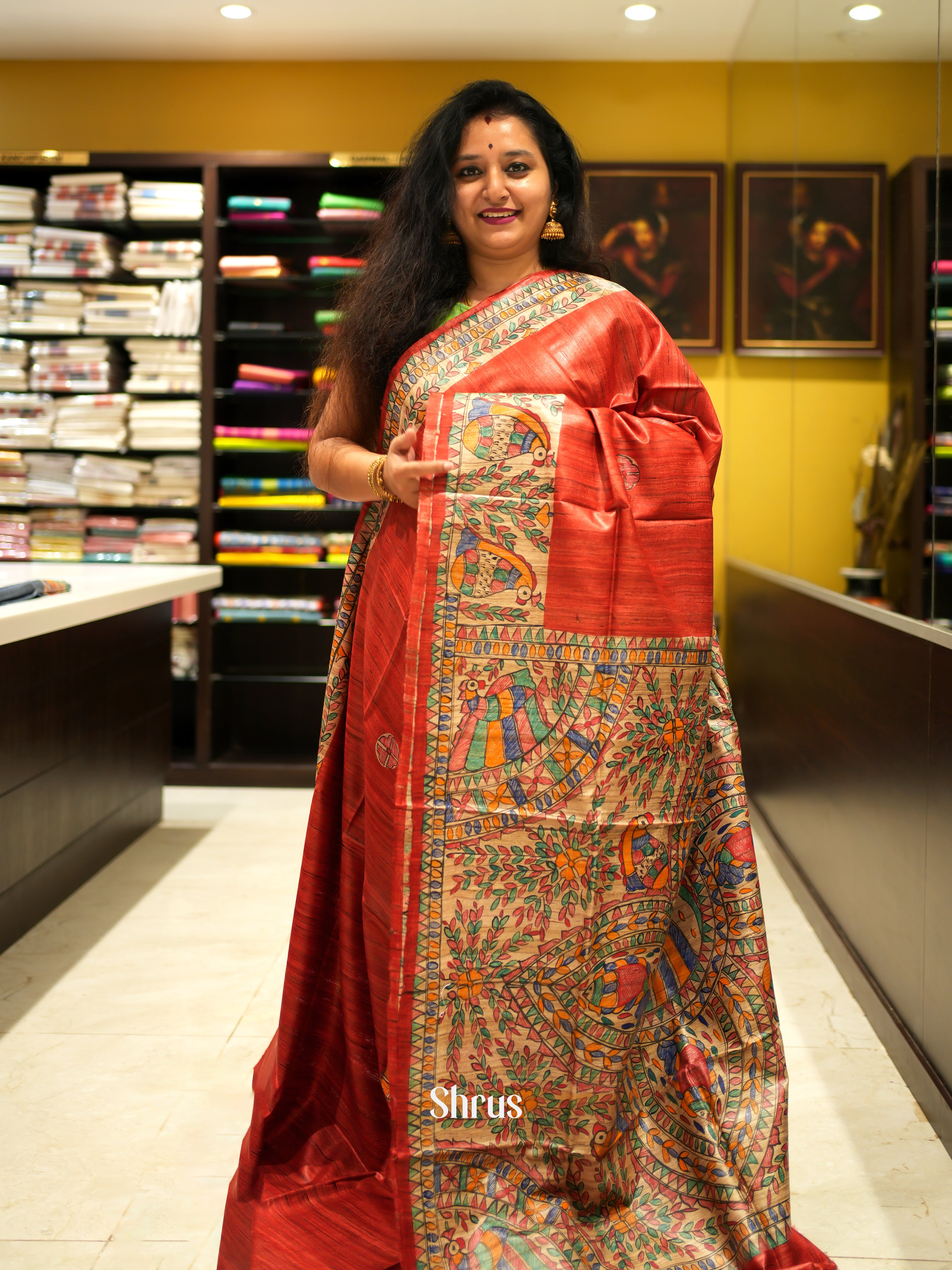 Red & Cream - Tussar Saree - Shop on ShrusEternity.com