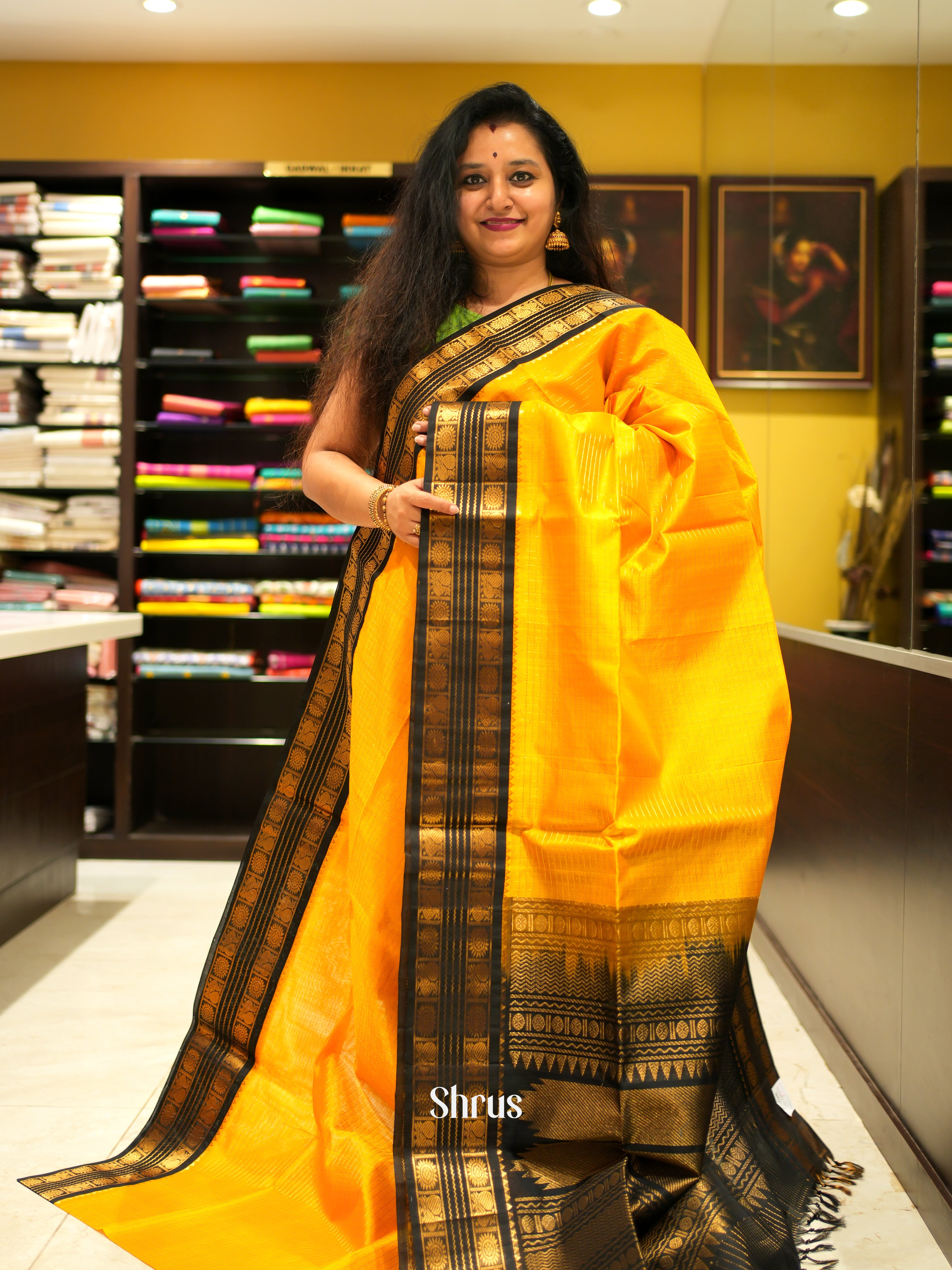 Yellow & Black - Silk Cotton Saree - Shop on ShrusEternity.com