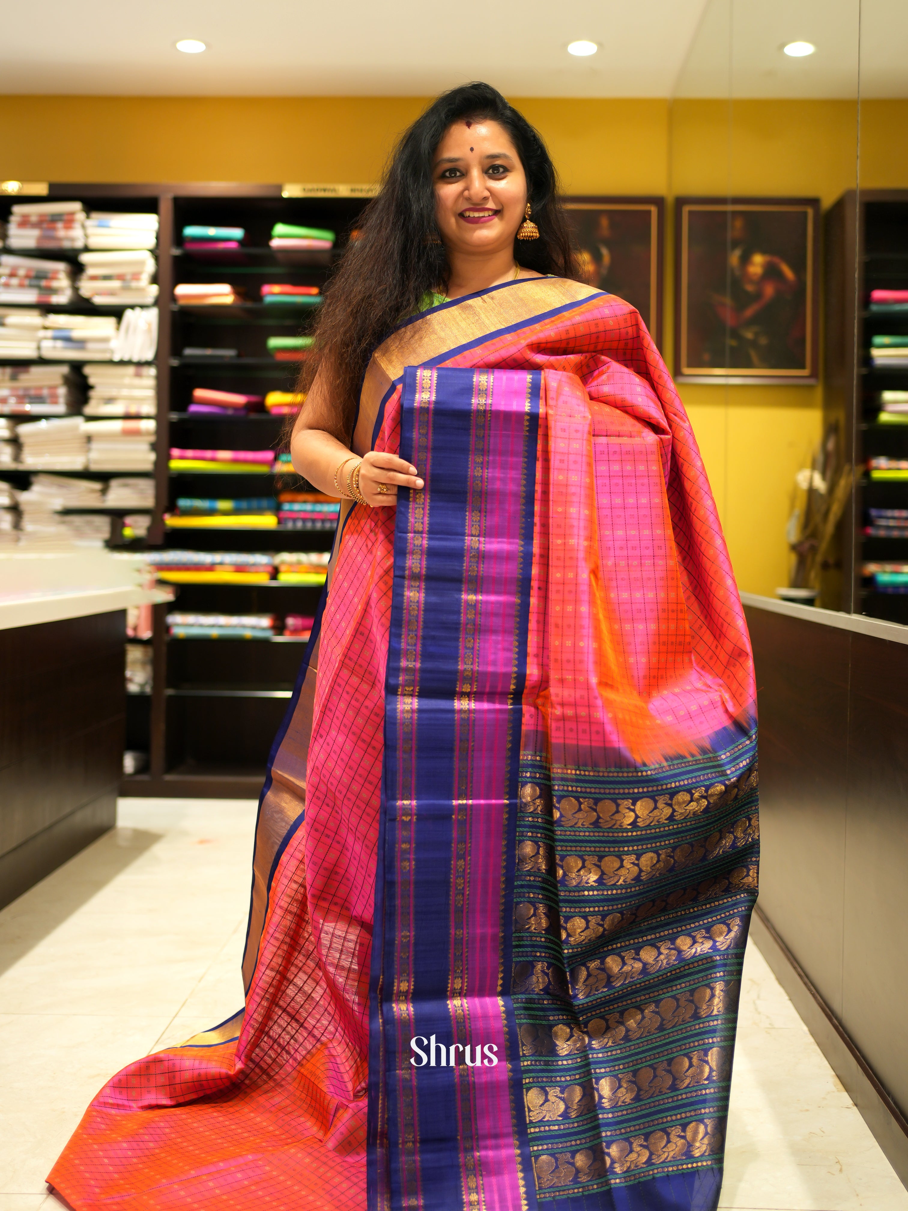 Pink & Blue - Silk Cotton Saree - Shop on ShrusEternity.com