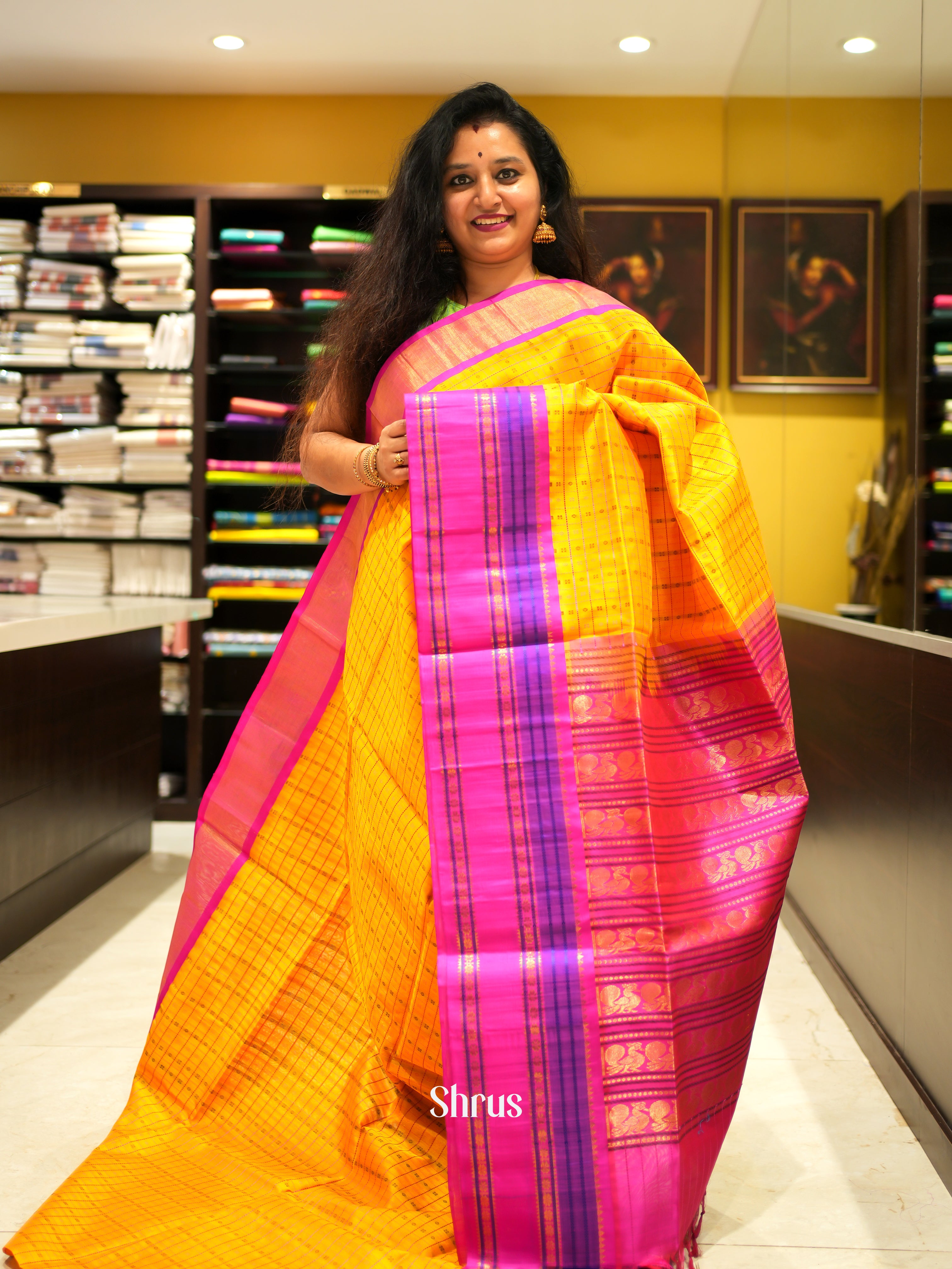 Yellow & Pink - Silk Cotton Saree - Shop on ShrusEternity.com