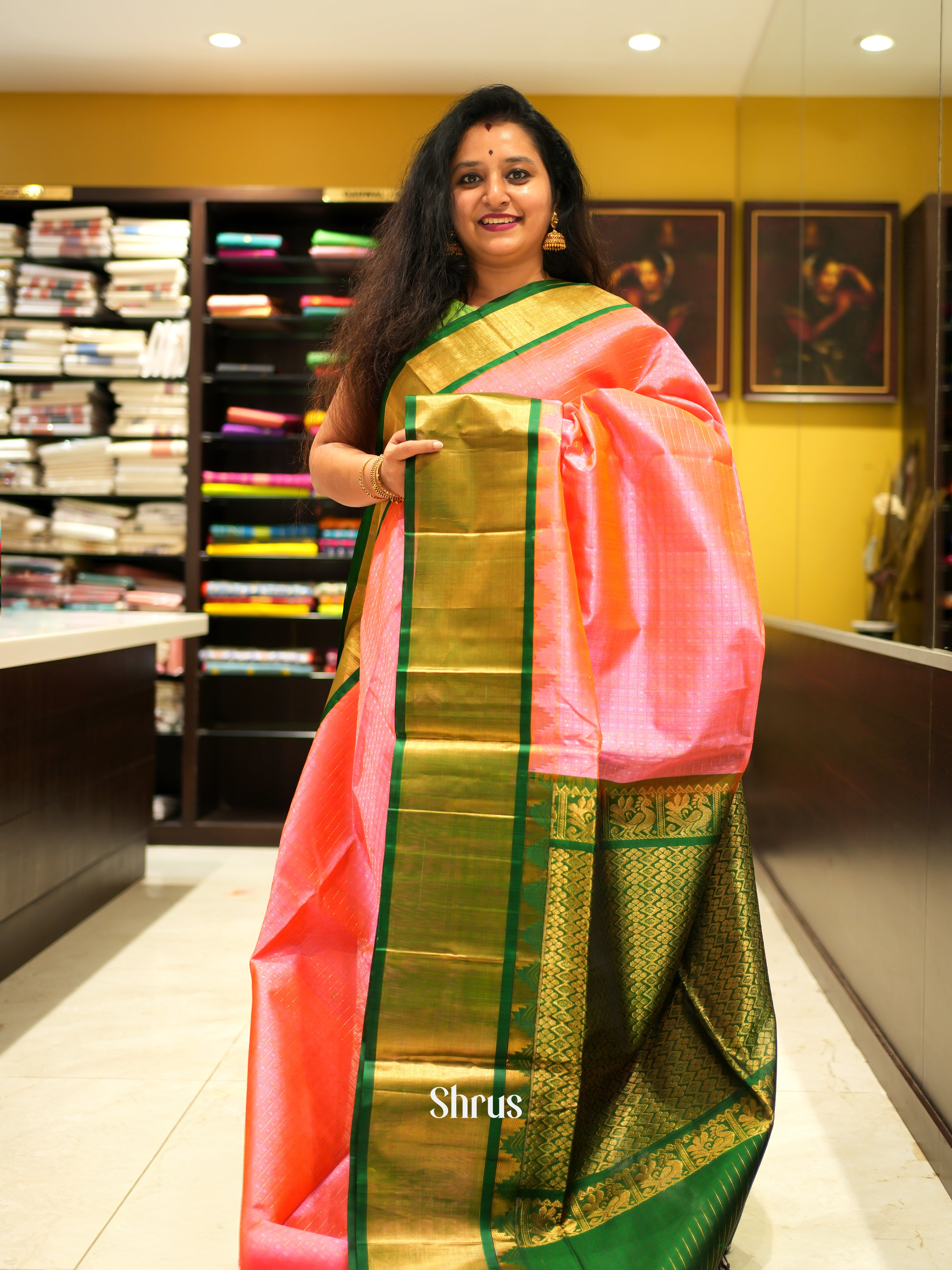Pink & Green - Silk Cotton Saree - Shop on ShrusEternity.com