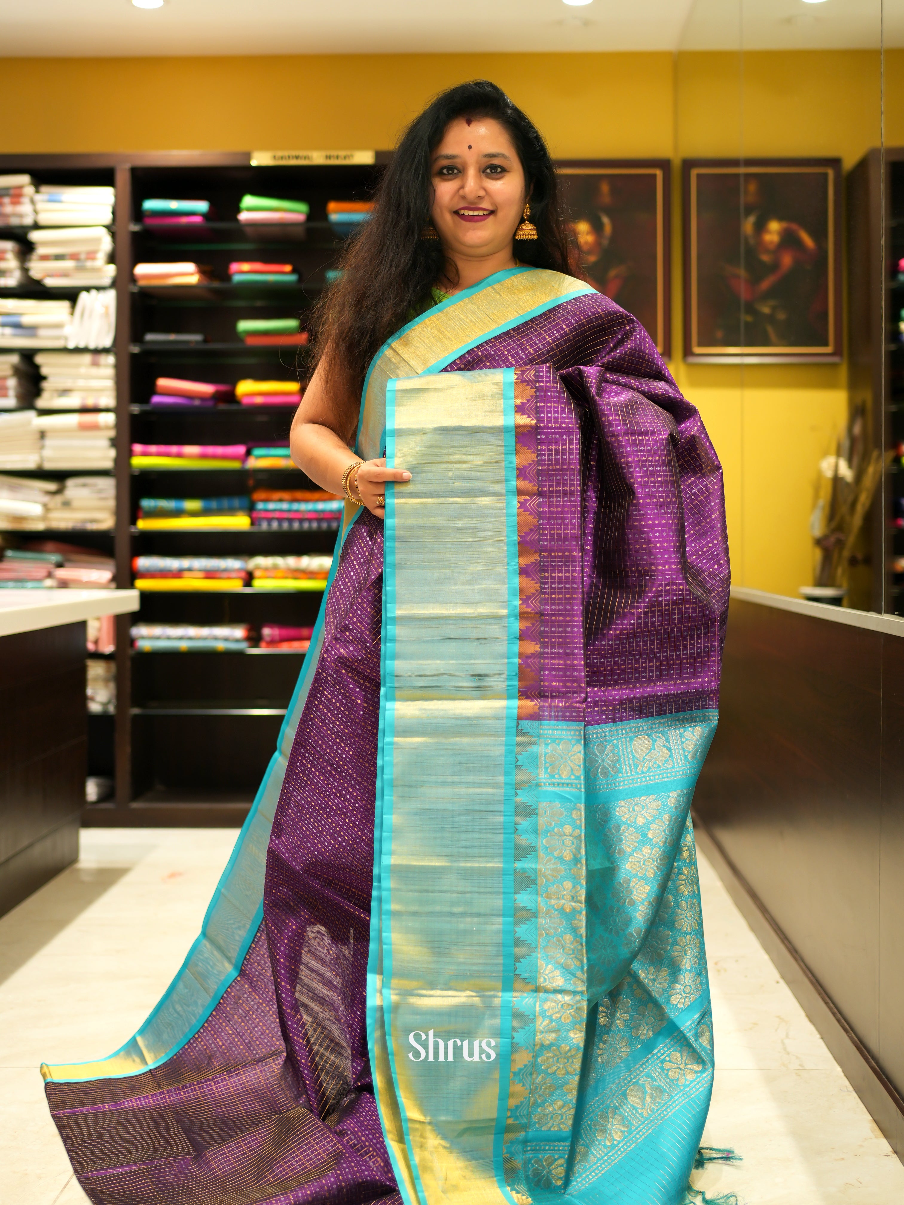 Violet & Teal - Silk Cotton Saree - Shop on ShrusEternity.com