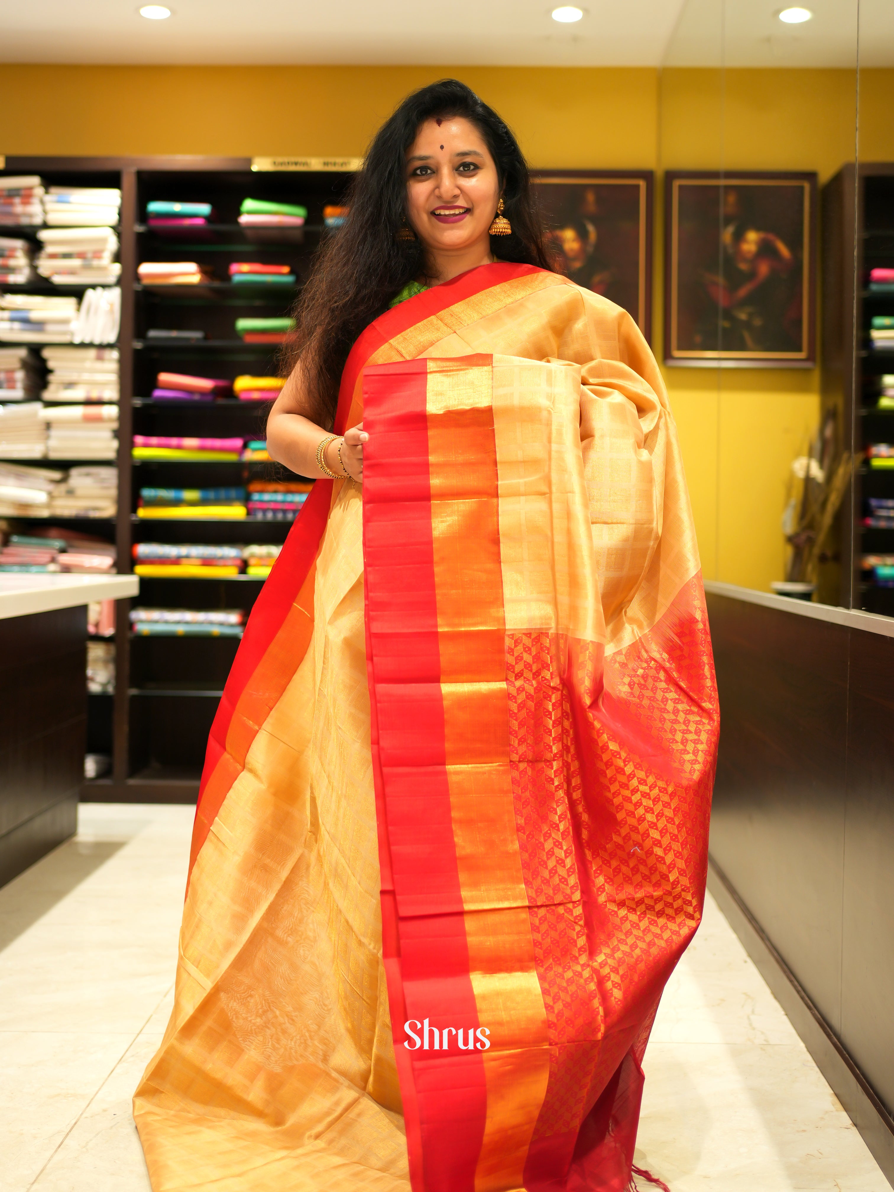 Peach & Red - Silk Cotton Saree - Shop on ShrusEternity.com