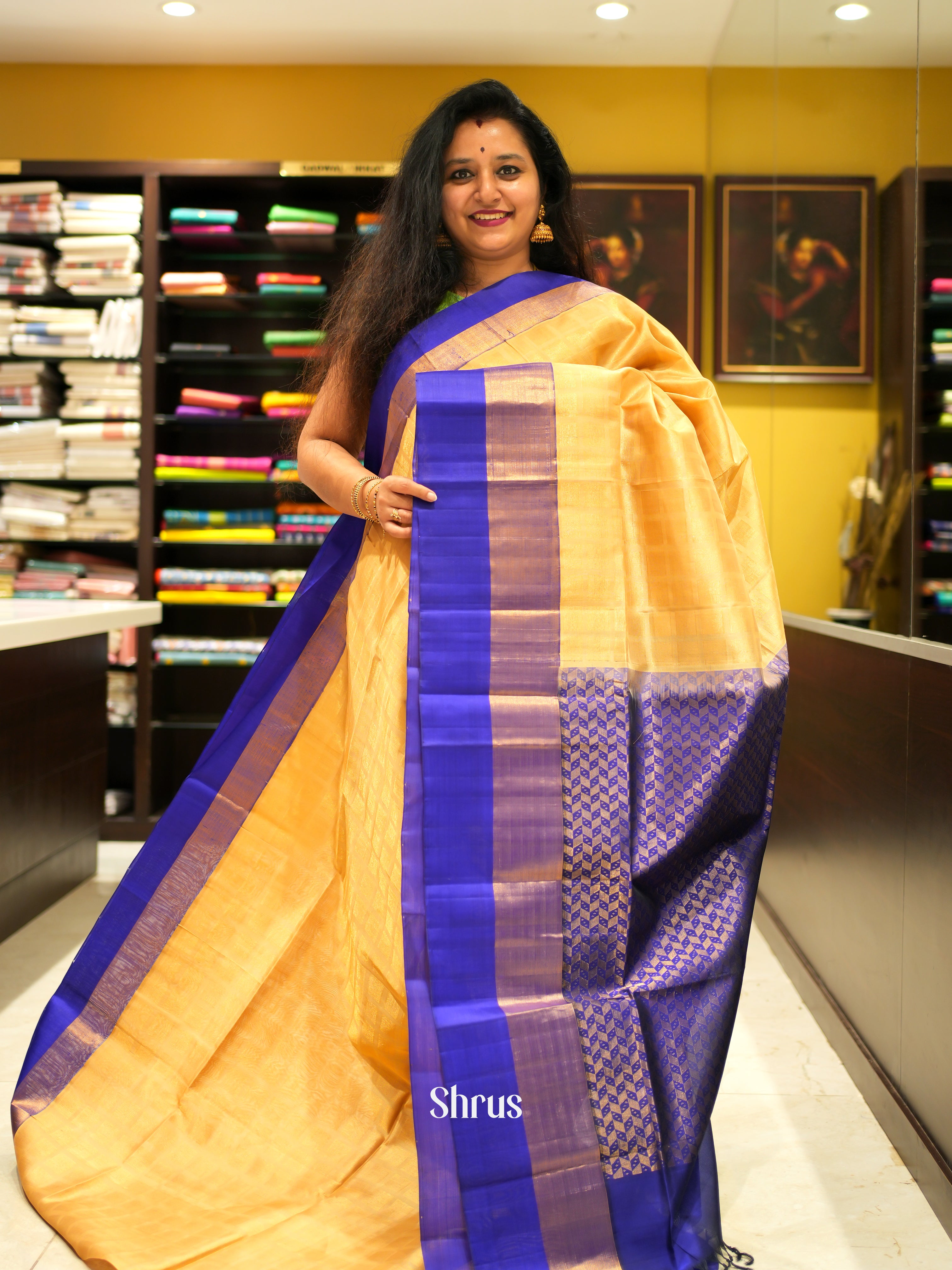 Yellow & Blue - Silk Cotton Saree - Shop on ShrusEternity.com