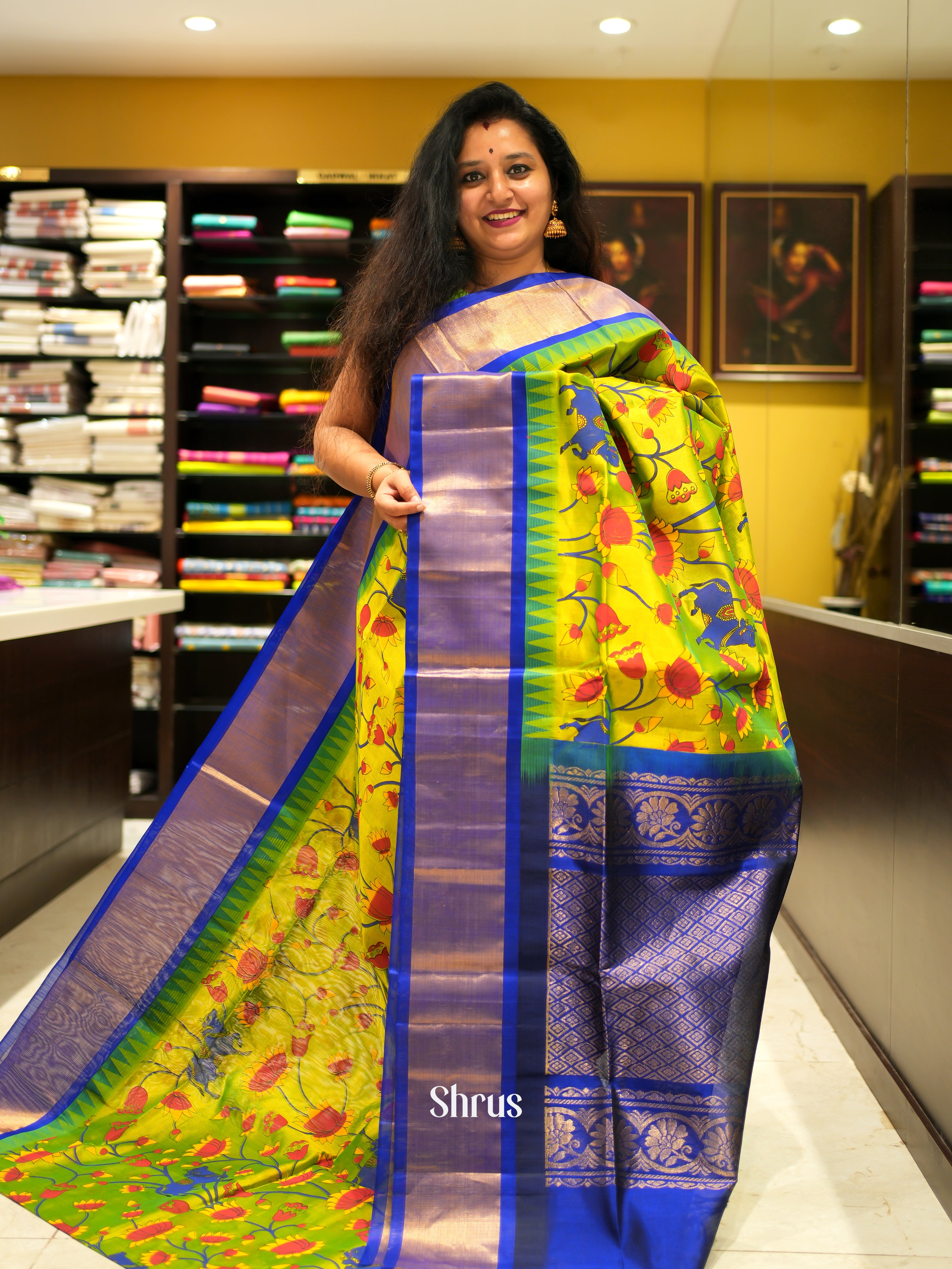 Greenwich Gold & Blue - Silk Cotton Saree - Shop on ShrusEternity.com