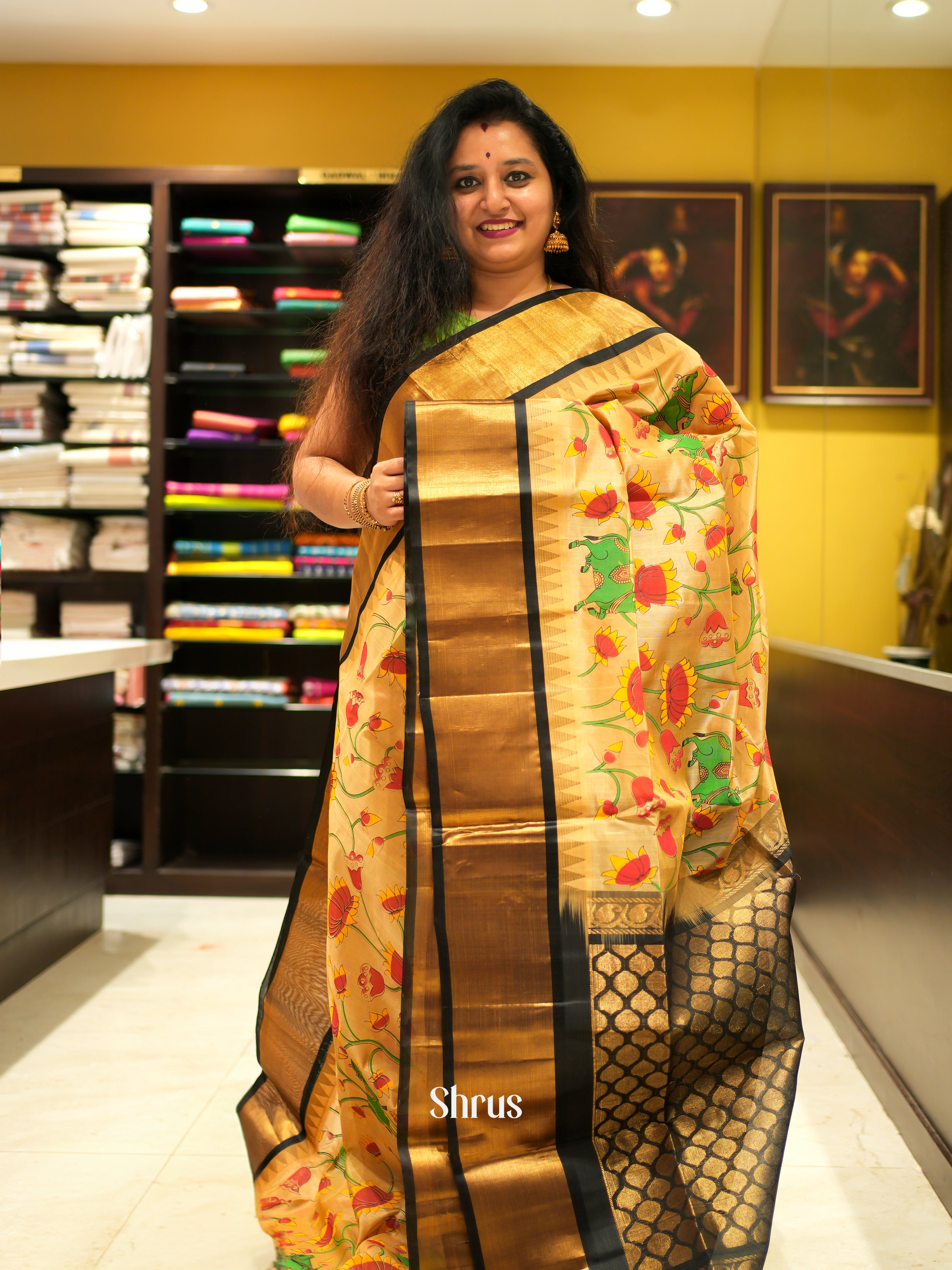 Sandal & Black- Hindolam Saree - Shop on ShrusEternity.com