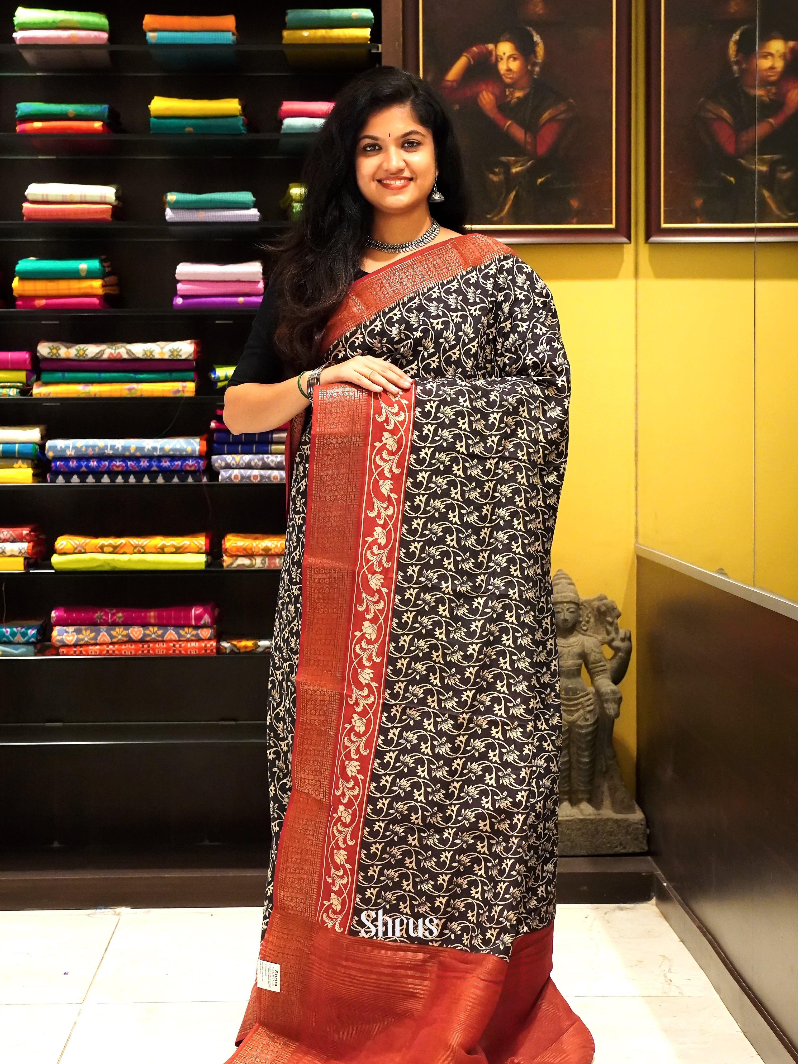 Black & Red- Art Modal Saree - Shop on ShrusEternity.com