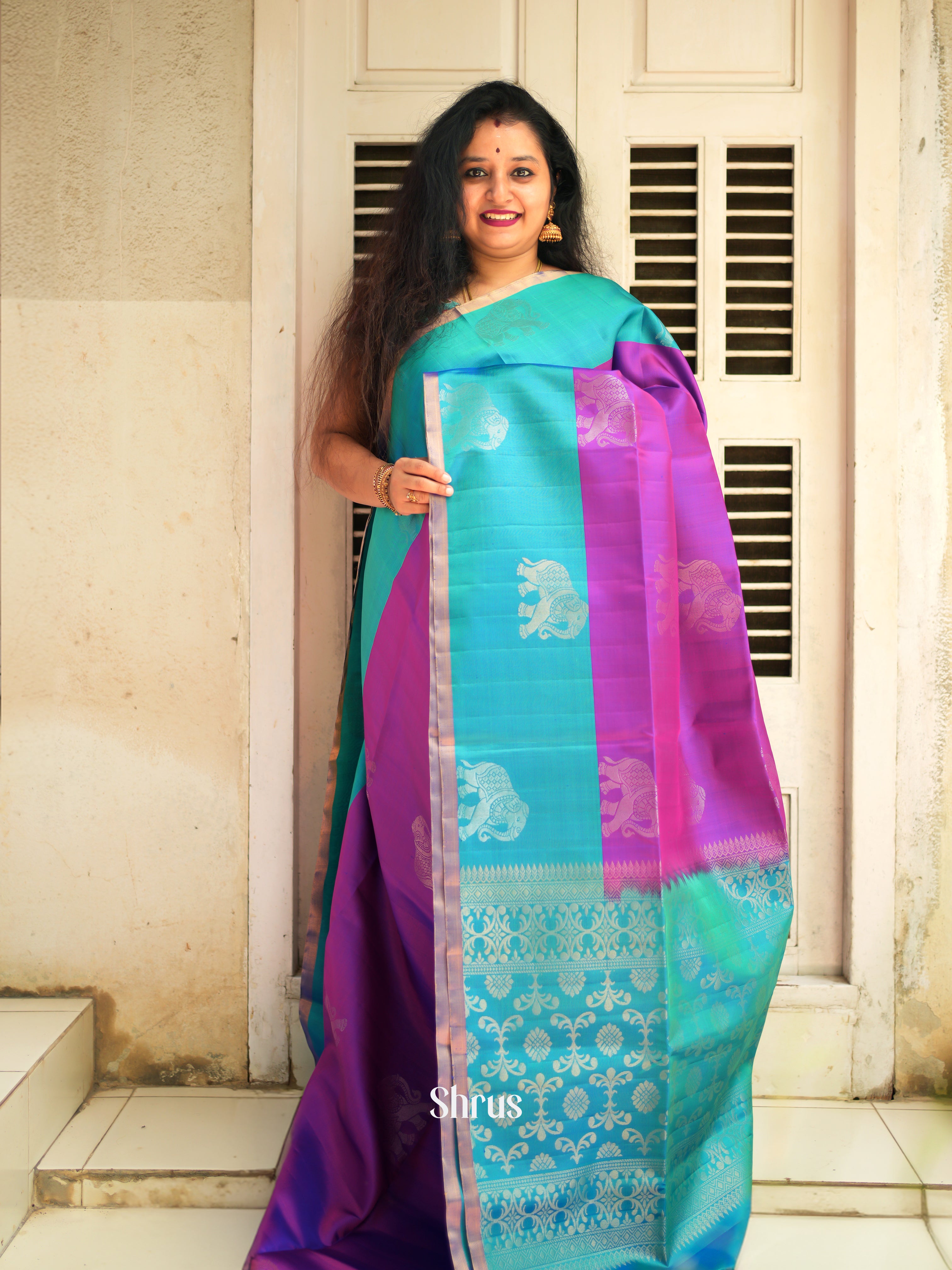 Purple & Blue - Soft Silk Saree - Shop on ShrusEternity.com