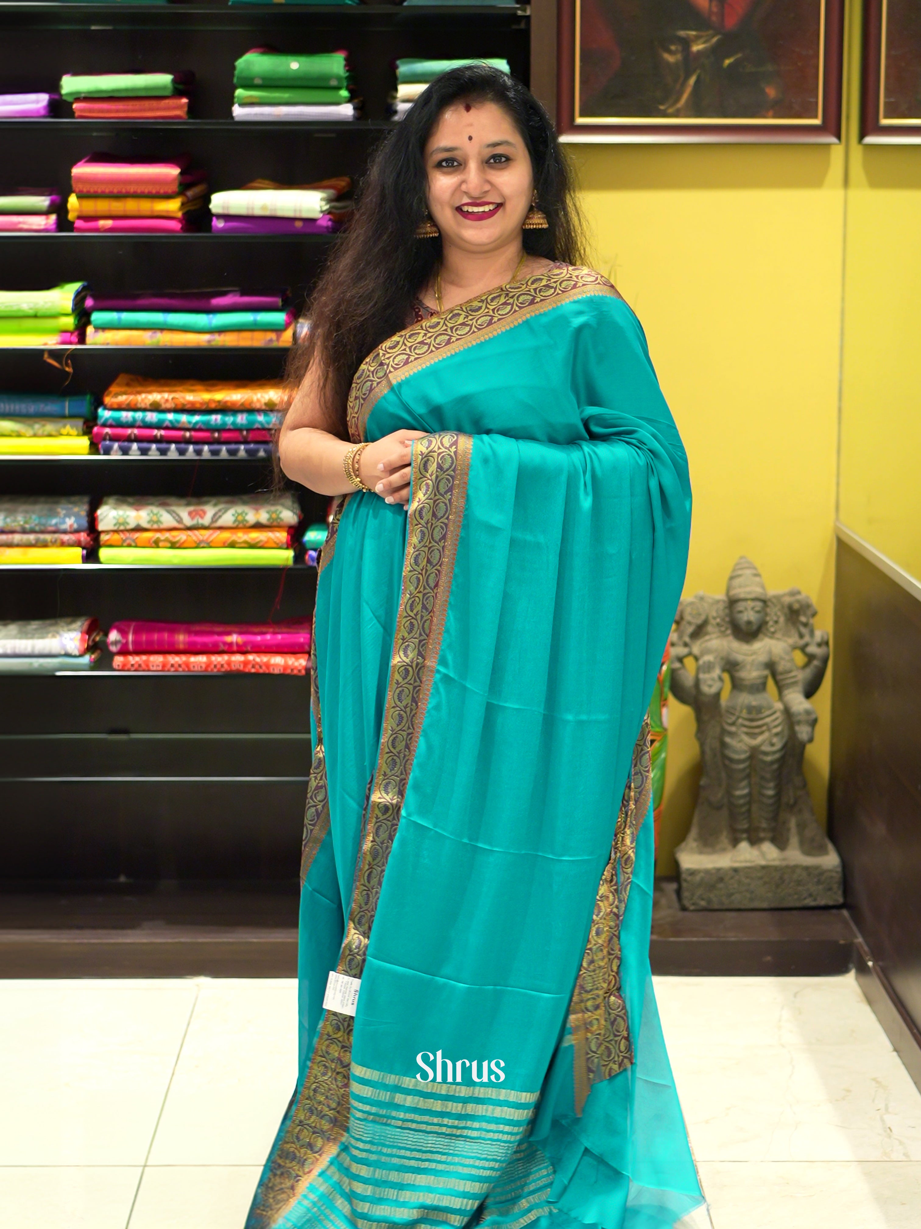 Teal Blue(Single Tone) - Semi Mysoresilk Saree - Shop on ShrusEternity.com