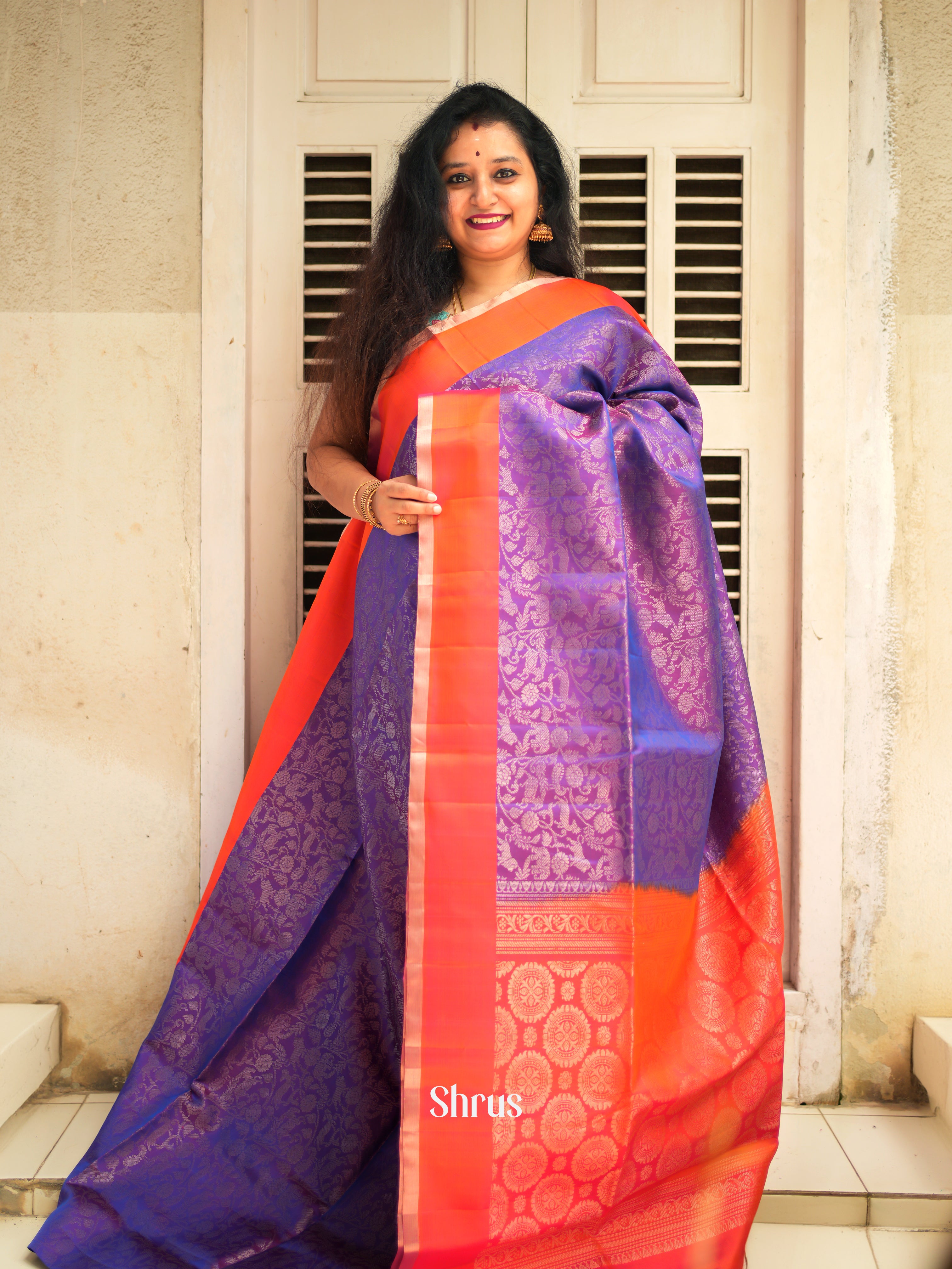 Purple & Orange - Soft Silk Saree - Shop on ShrusEternity.com