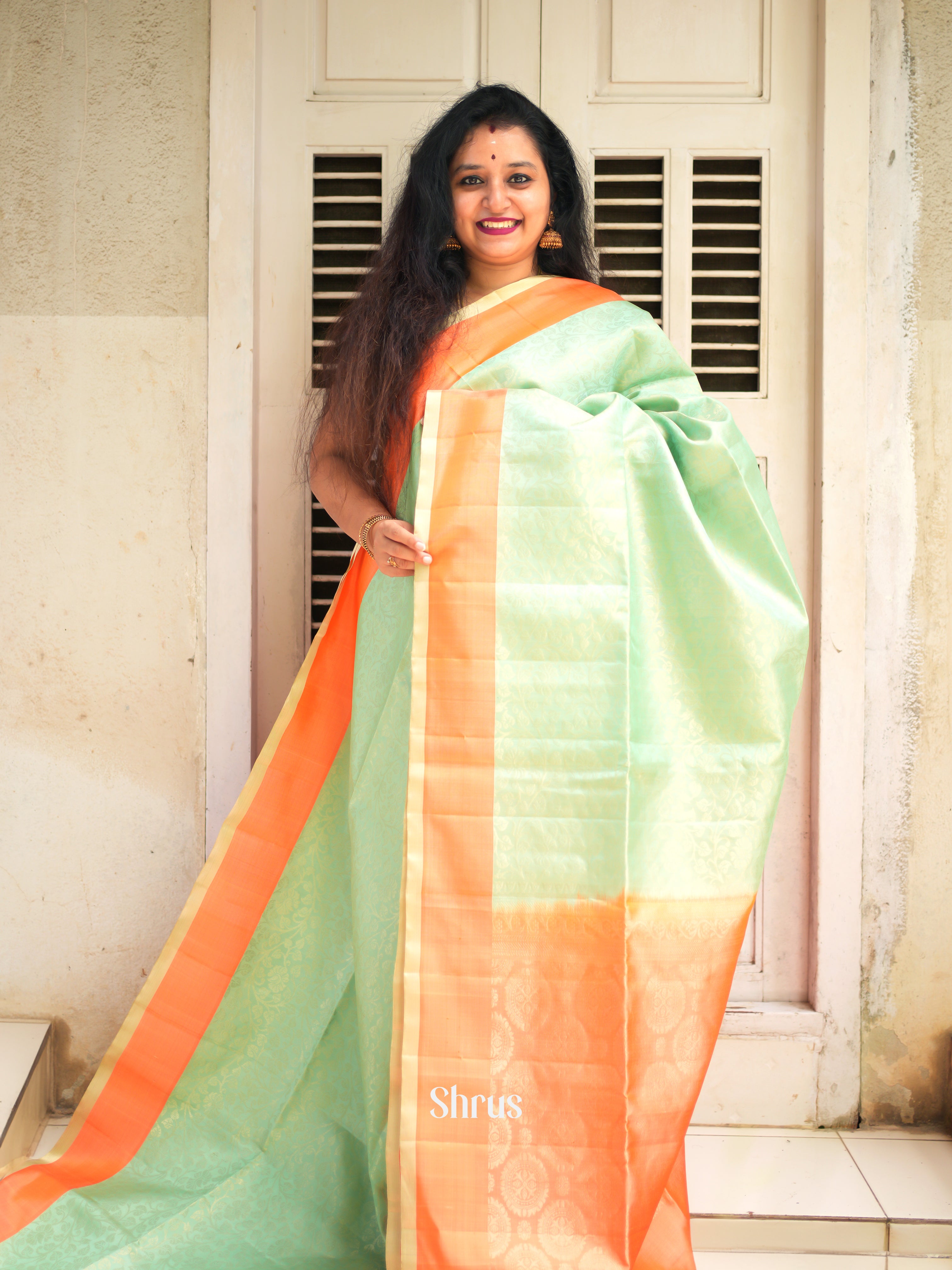 Pista Green & Orange - Soft Silk Saree-1