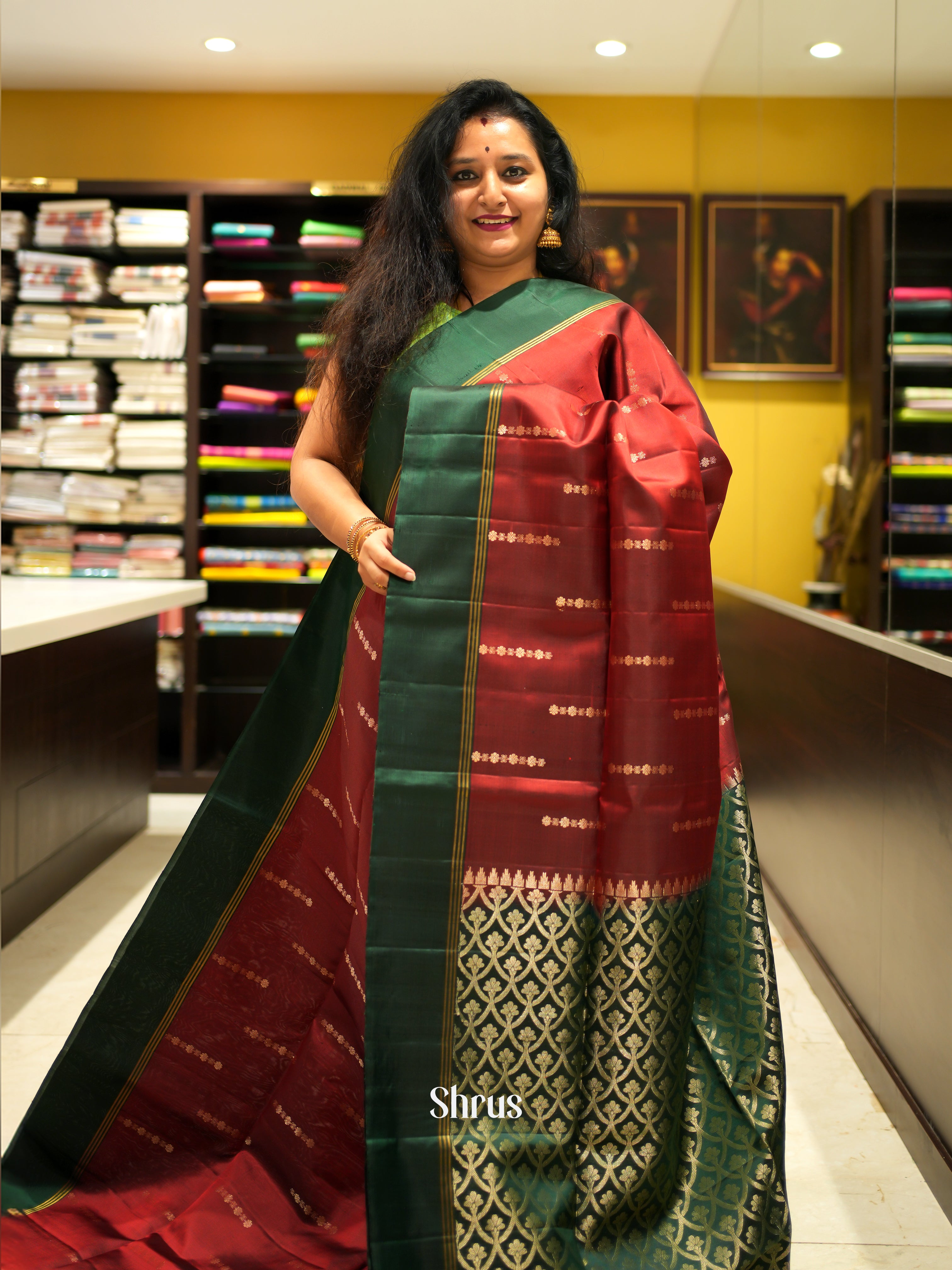 Maroon & Green - Soft Silk Saree - Shop on ShrusEternity.com