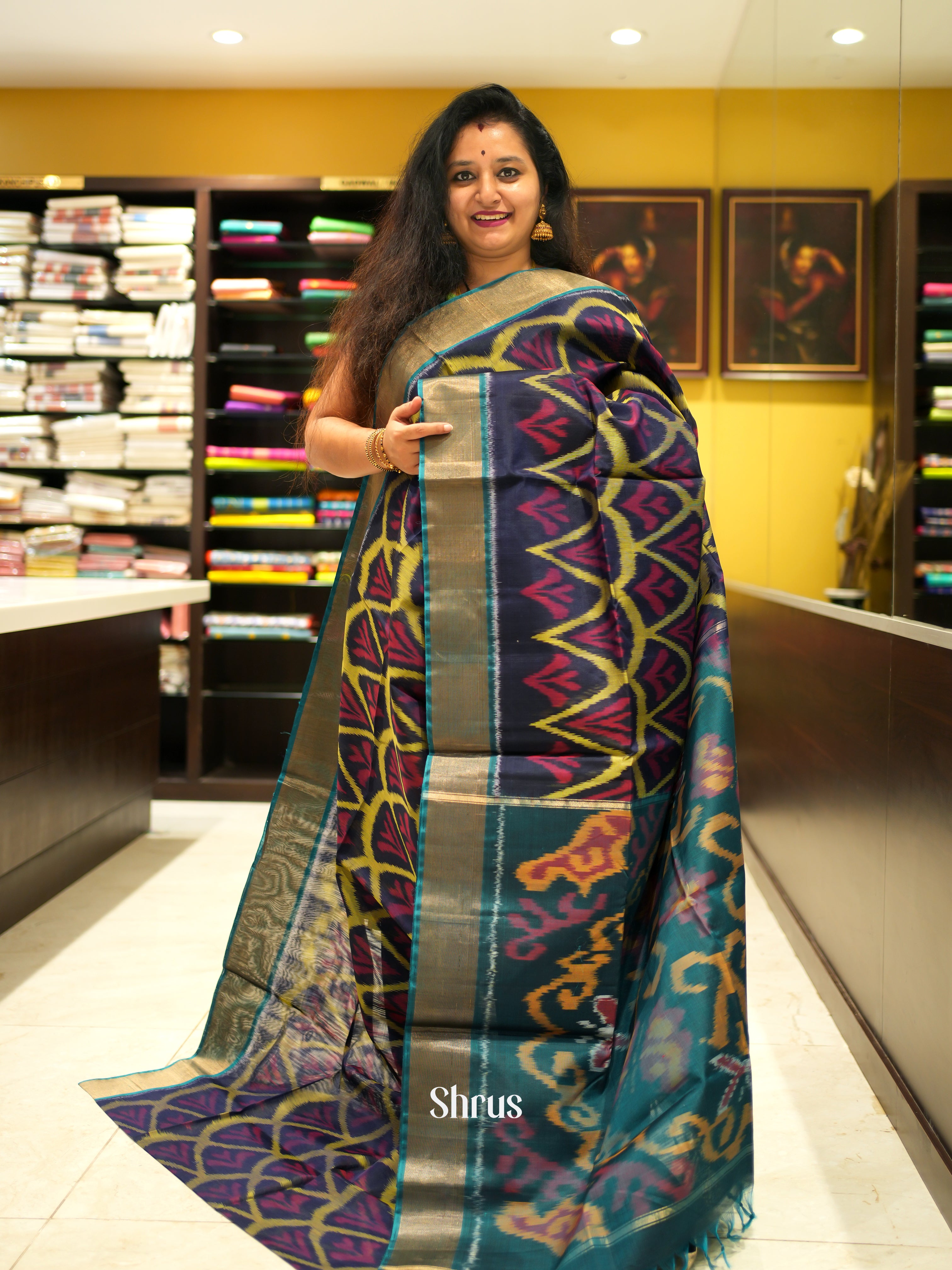 Navy Blue & Peacock Green - Pochampally sico Saree - Shop on ShrusEternity.com