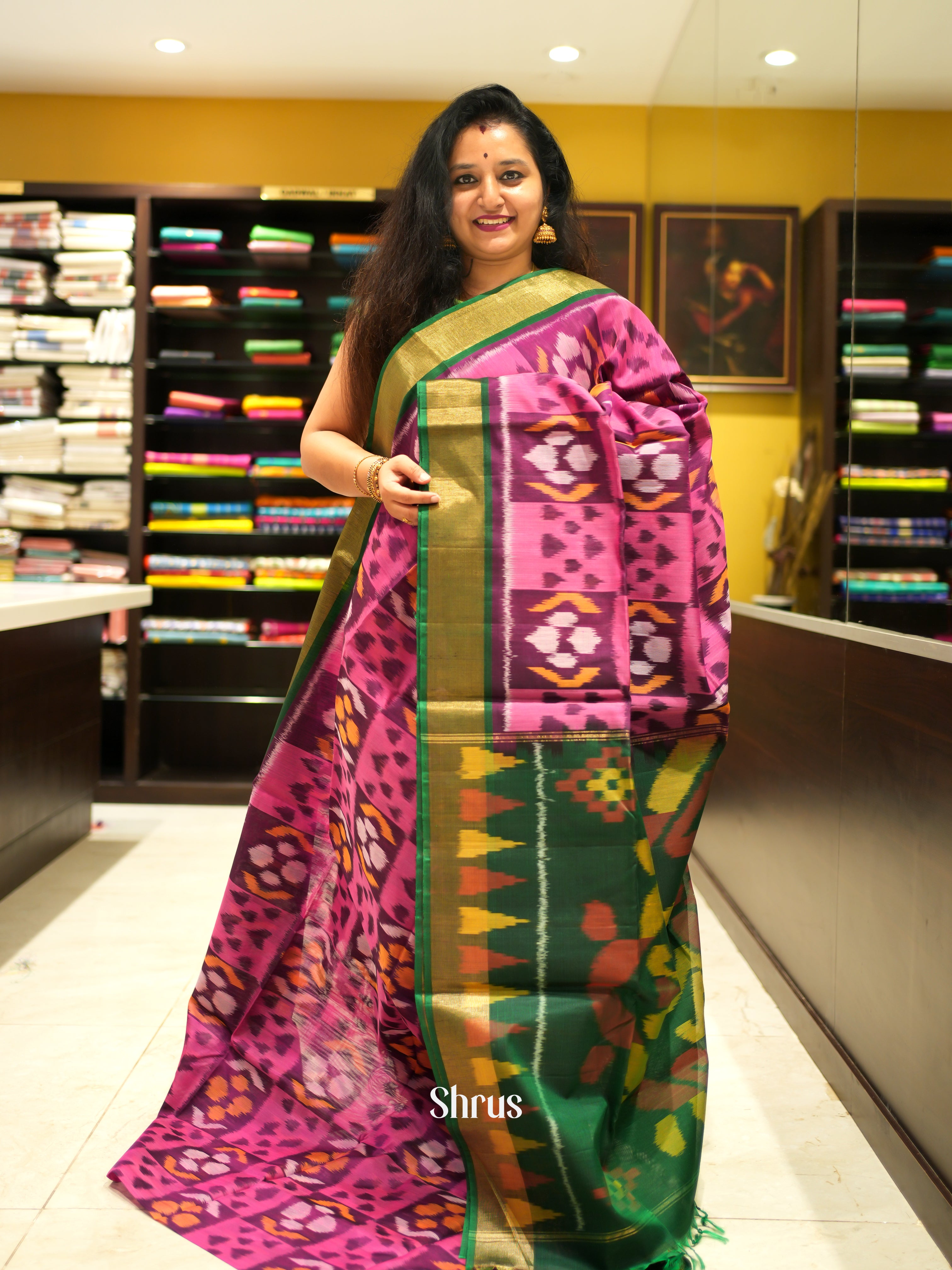Pink & Green - Pochampally sico Saree - Shop on ShrusEternity.com