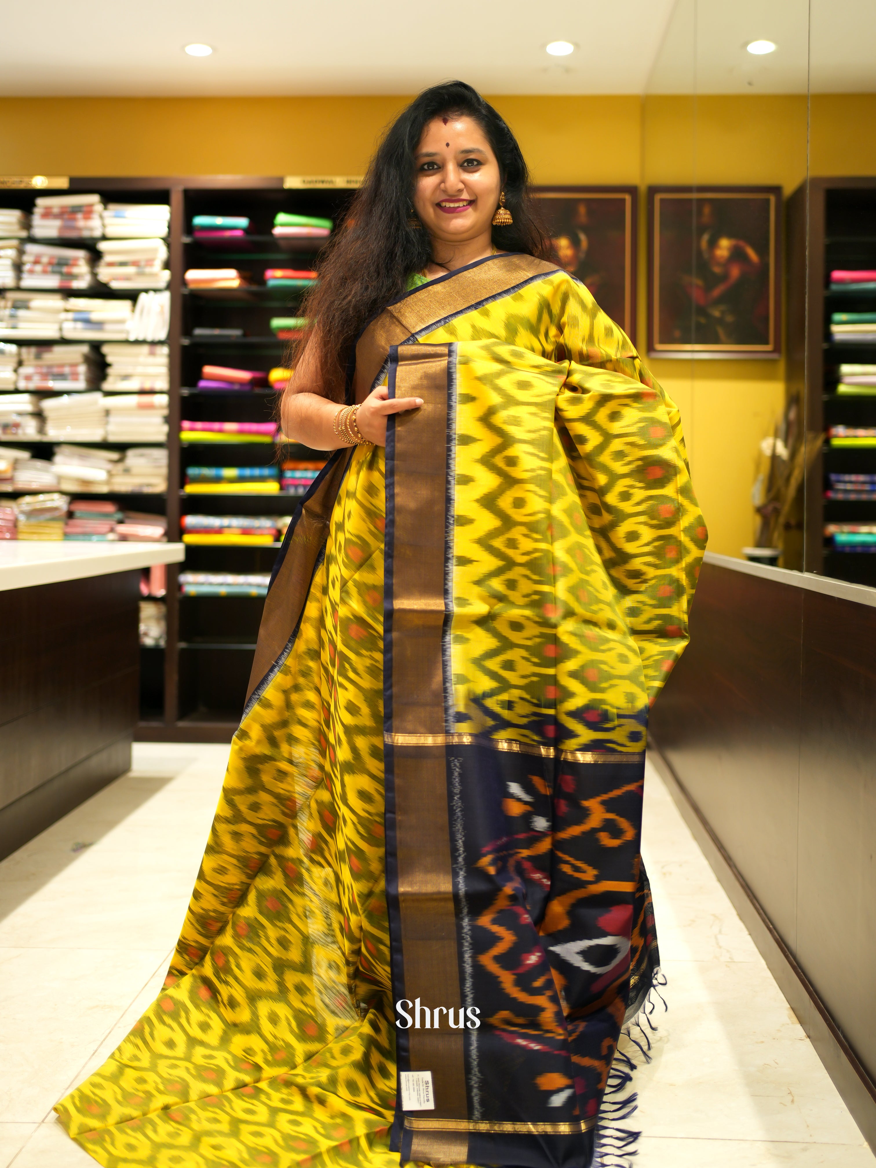 Yellow & Black - Pochampally sico Saree - Shop on ShrusEternity.com