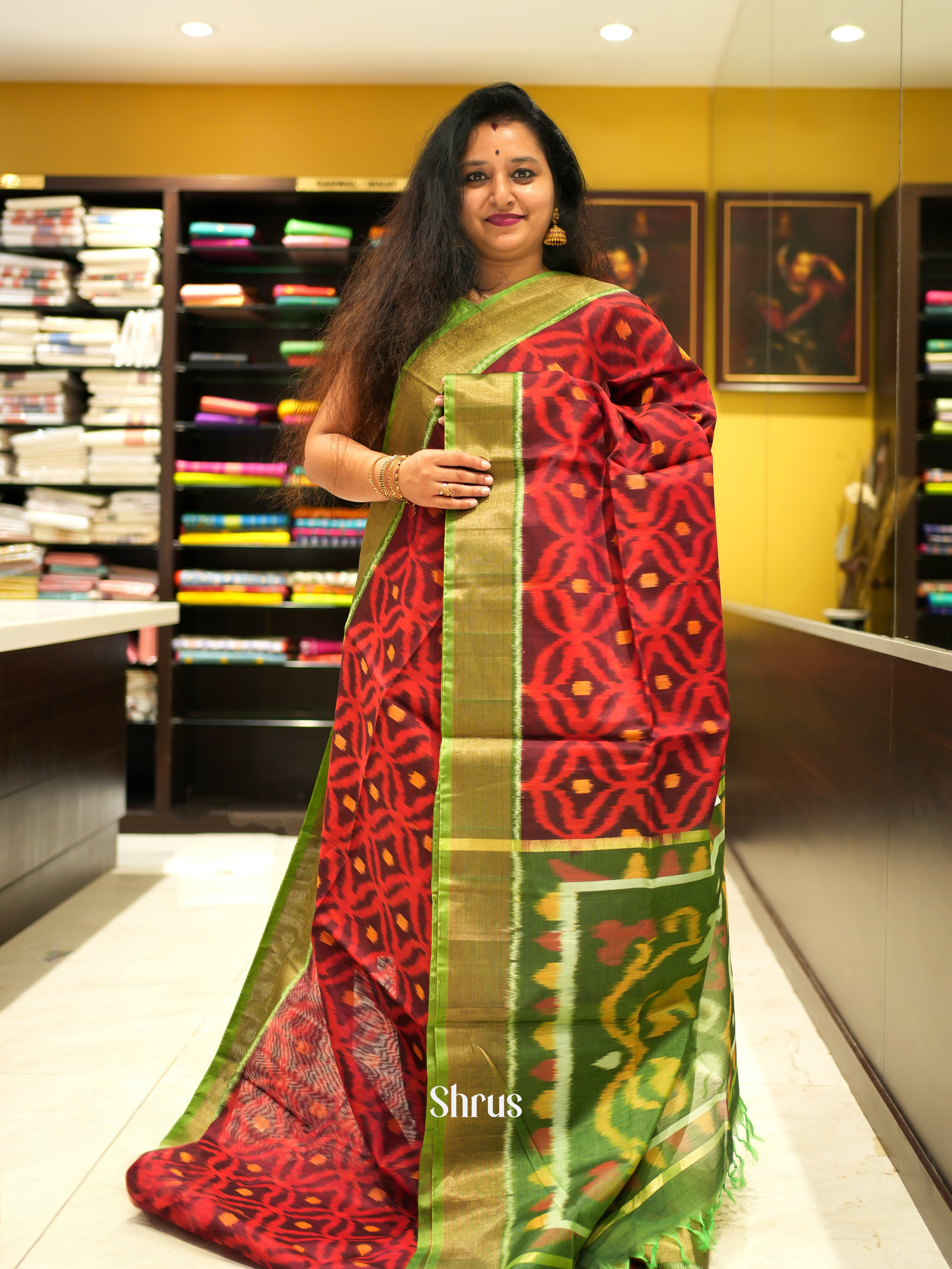 Red & Green - Pochampally sico Saree - Shop on ShrusEternity.com