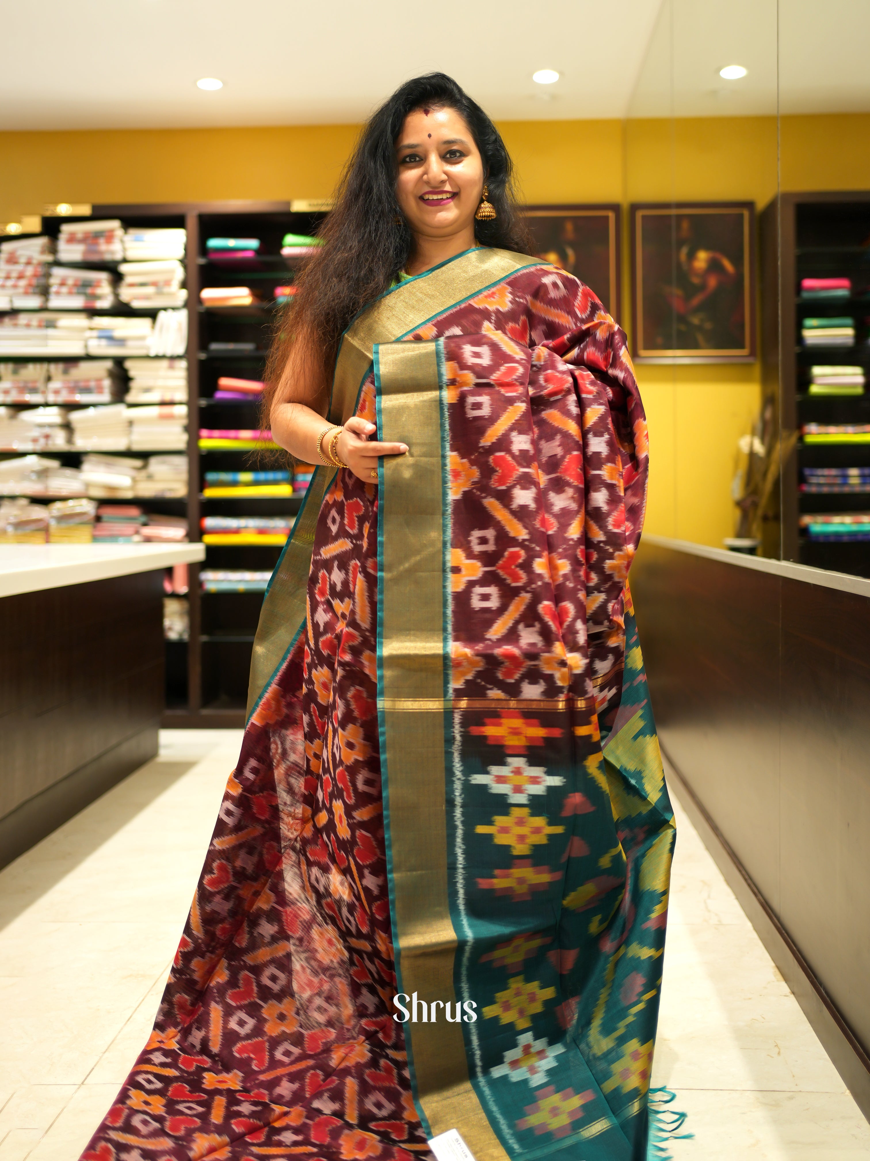 Maroon & Green - Pochampally sico Saree - Shop on ShrusEternity.com