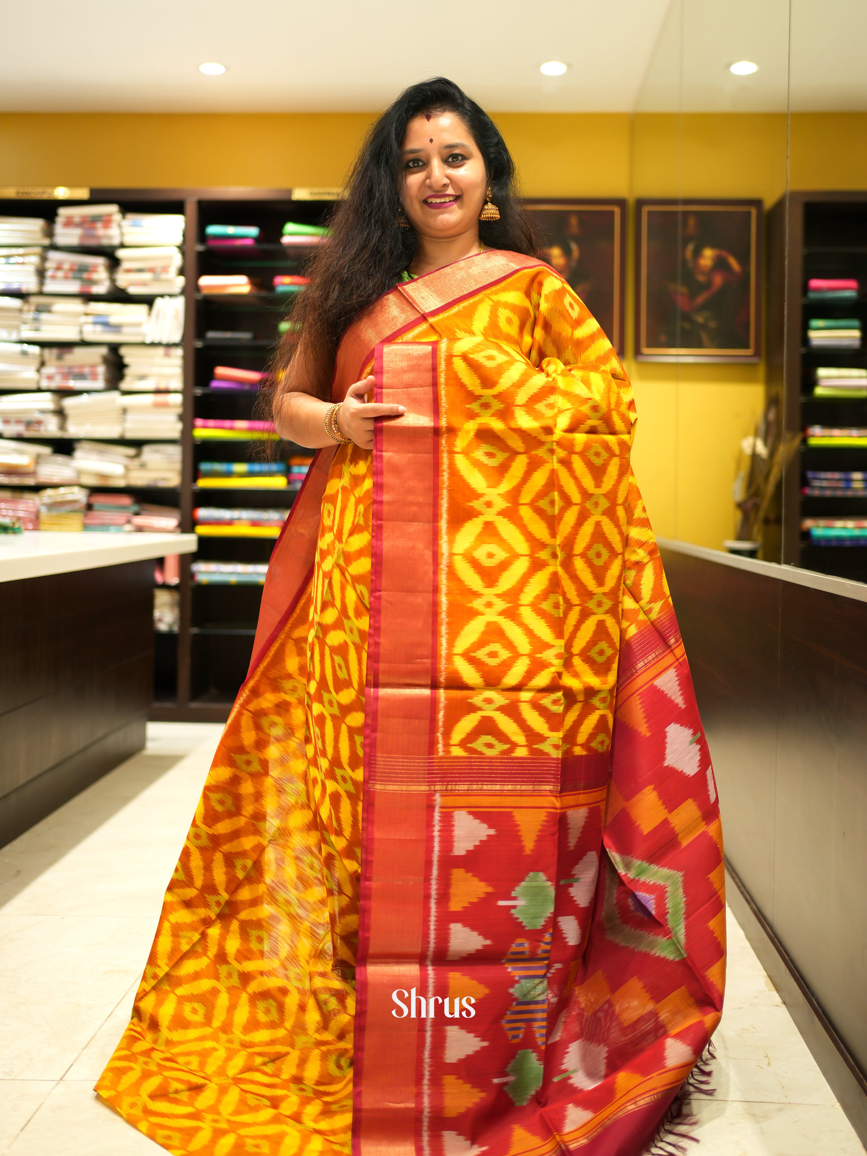 Yellow & Red - Pochampally sico Saree - Shop on ShrusEternity.com