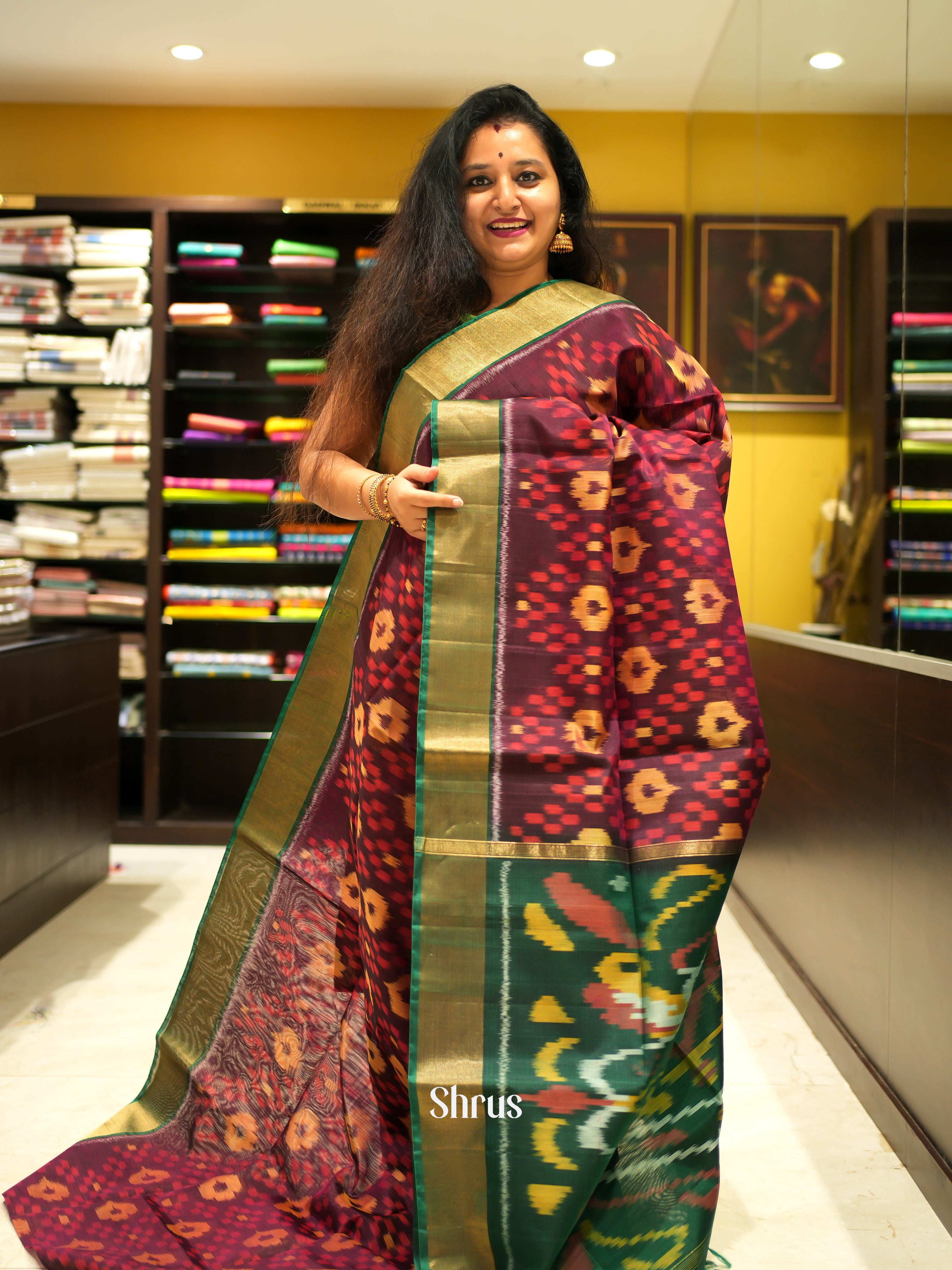 Maroon & Green - Pochampally sico Saree - Shop on ShrusEternity.com