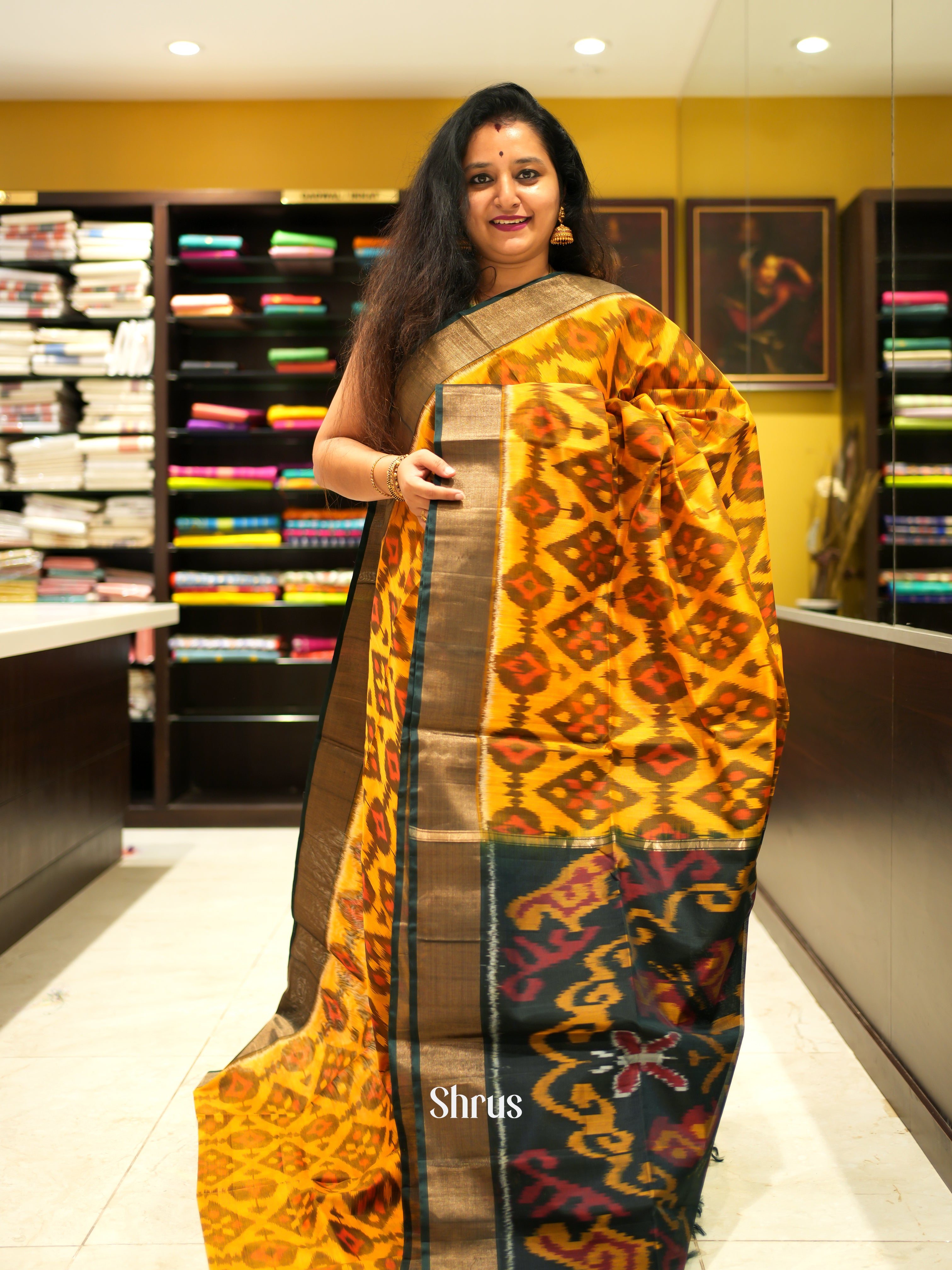 Yellow & Green - Pochampally sico Saree - Shop on ShrusEternity.com