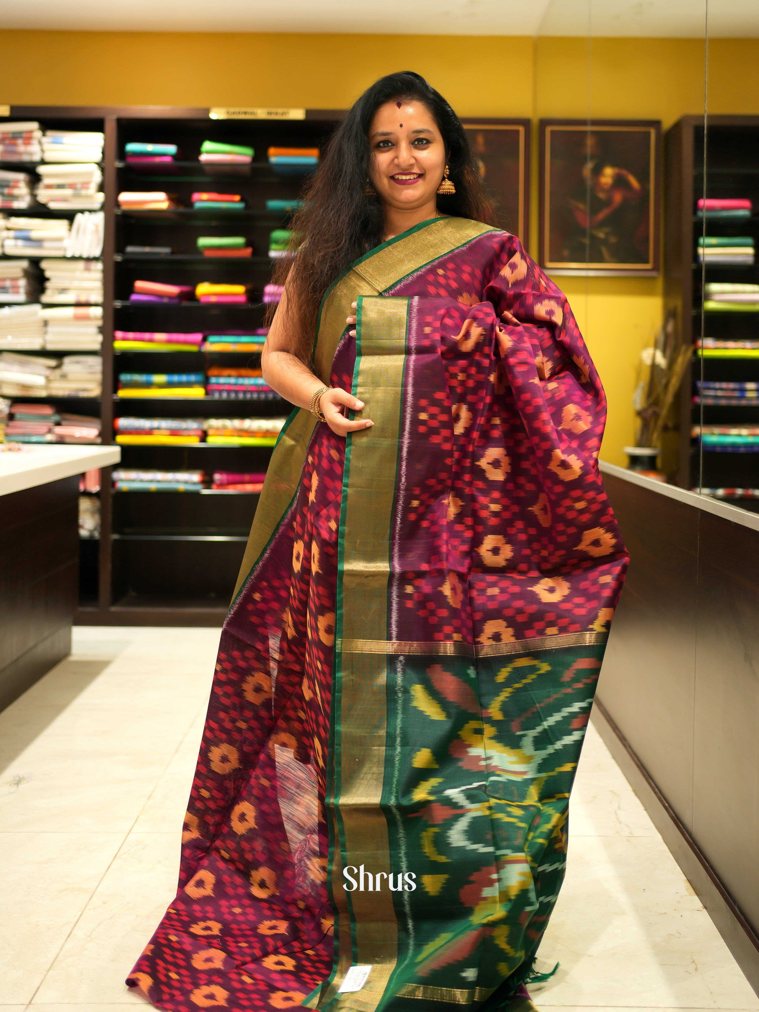 Wine & Green - Pochampally sico Saree - Shop on ShrusEternity.com
