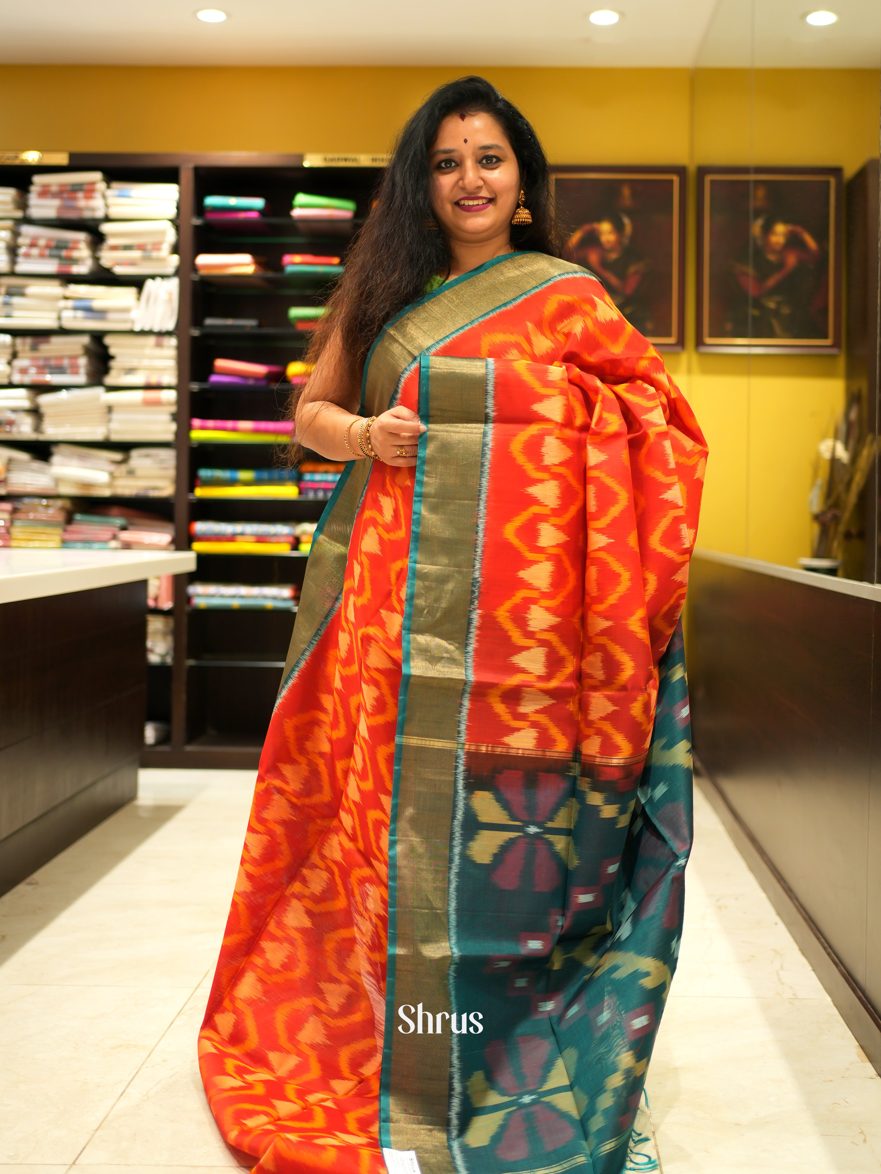 Orange & Green - Pochampally sico Saree - Shop on ShrusEternity.com