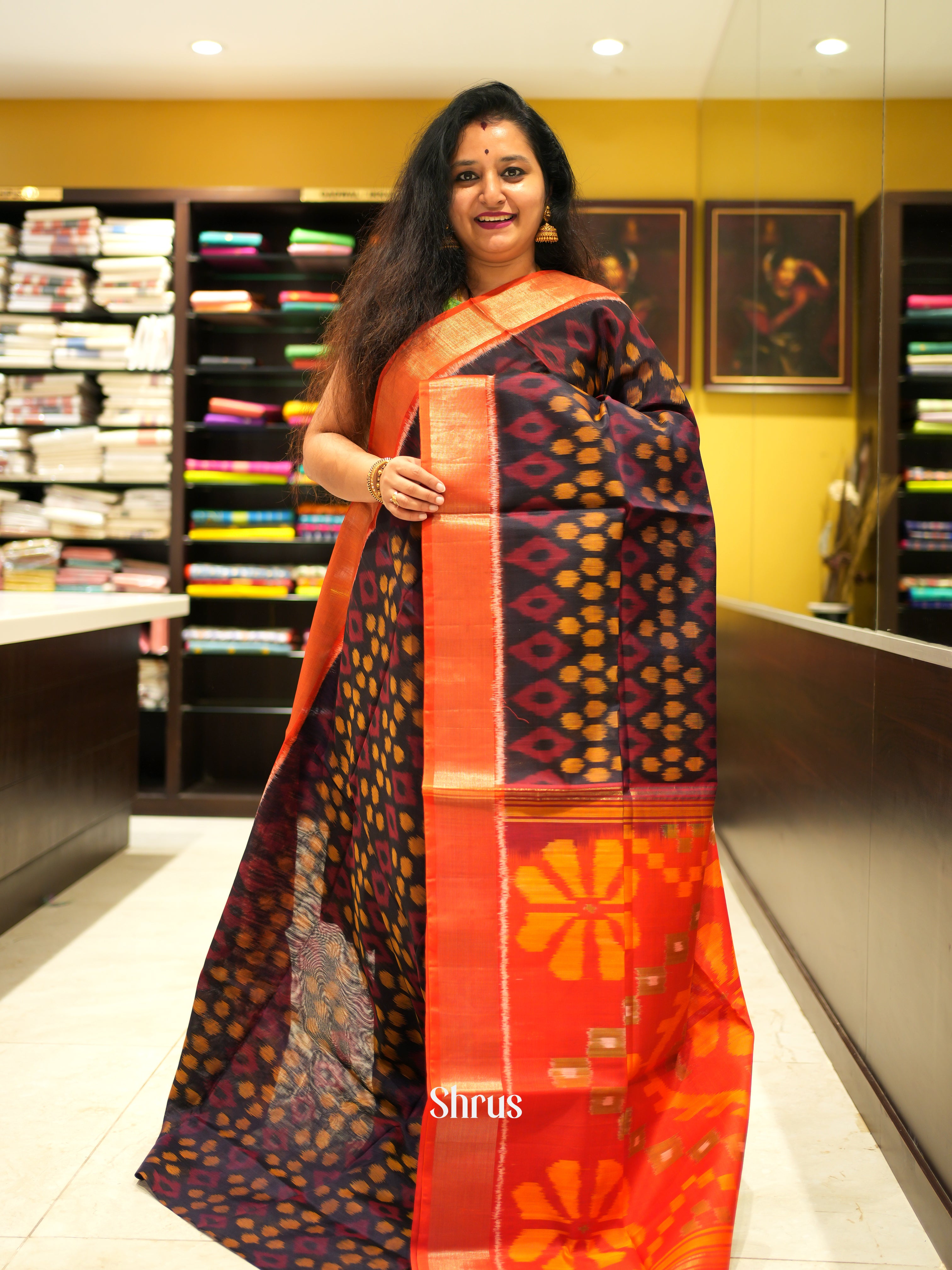 Black & Orange - Pochampally sico Saree - Shop on ShrusEternity.com