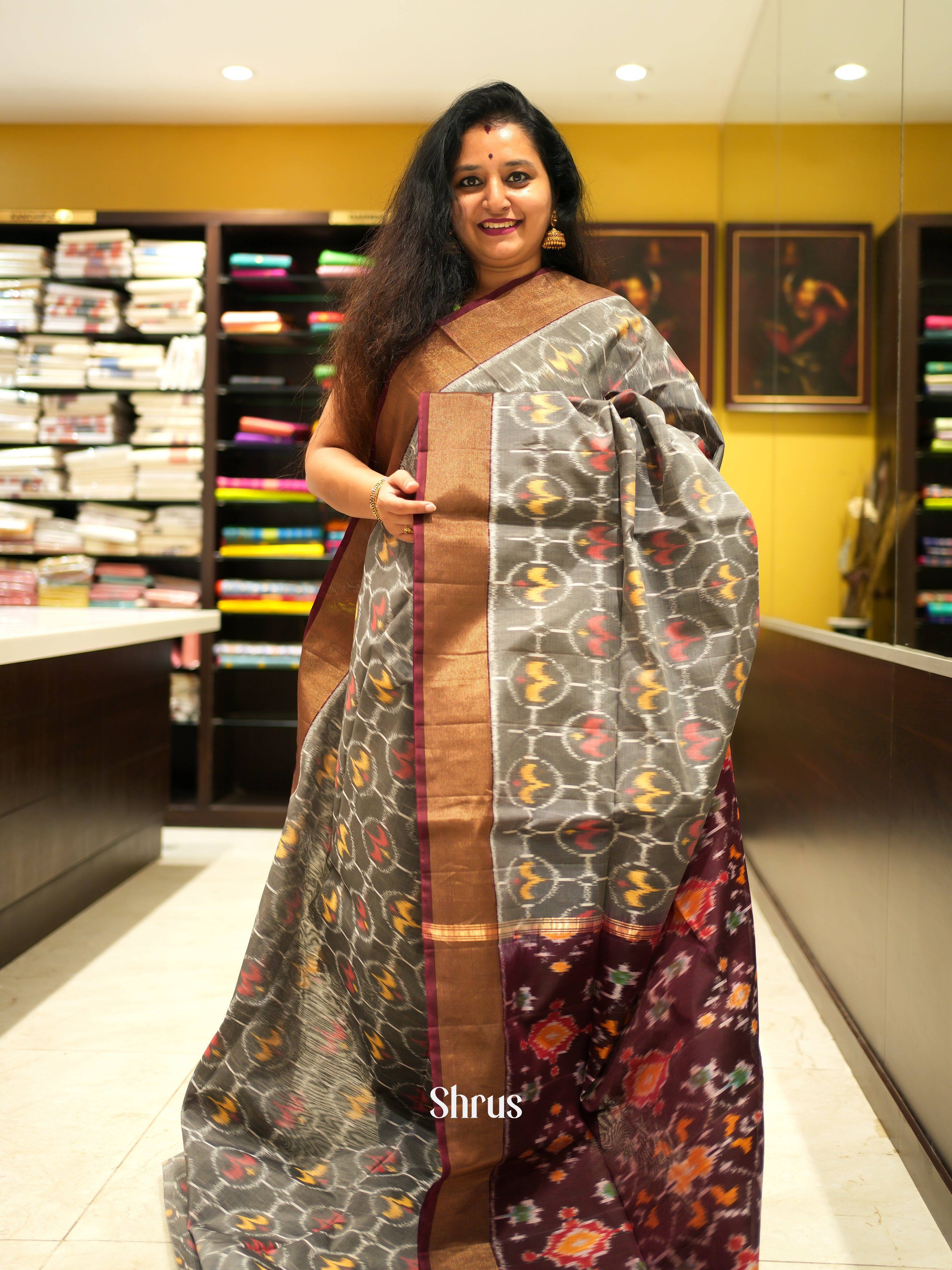 Grey & Brown - Pochampally sico Saree - Shop on ShrusEternity.com