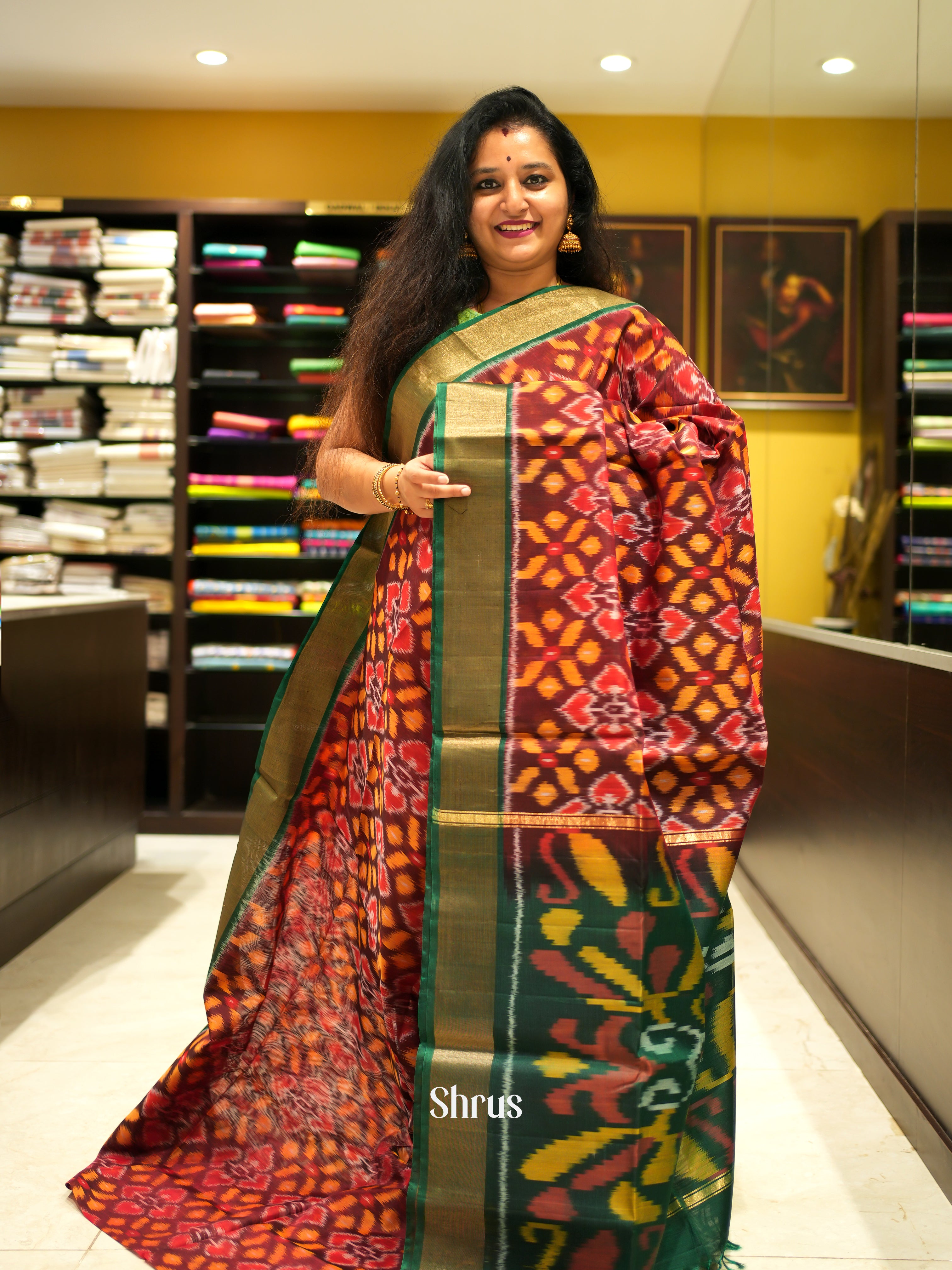 Brown & Green - Pochampally sico Saree - Shop on ShrusEternity.com